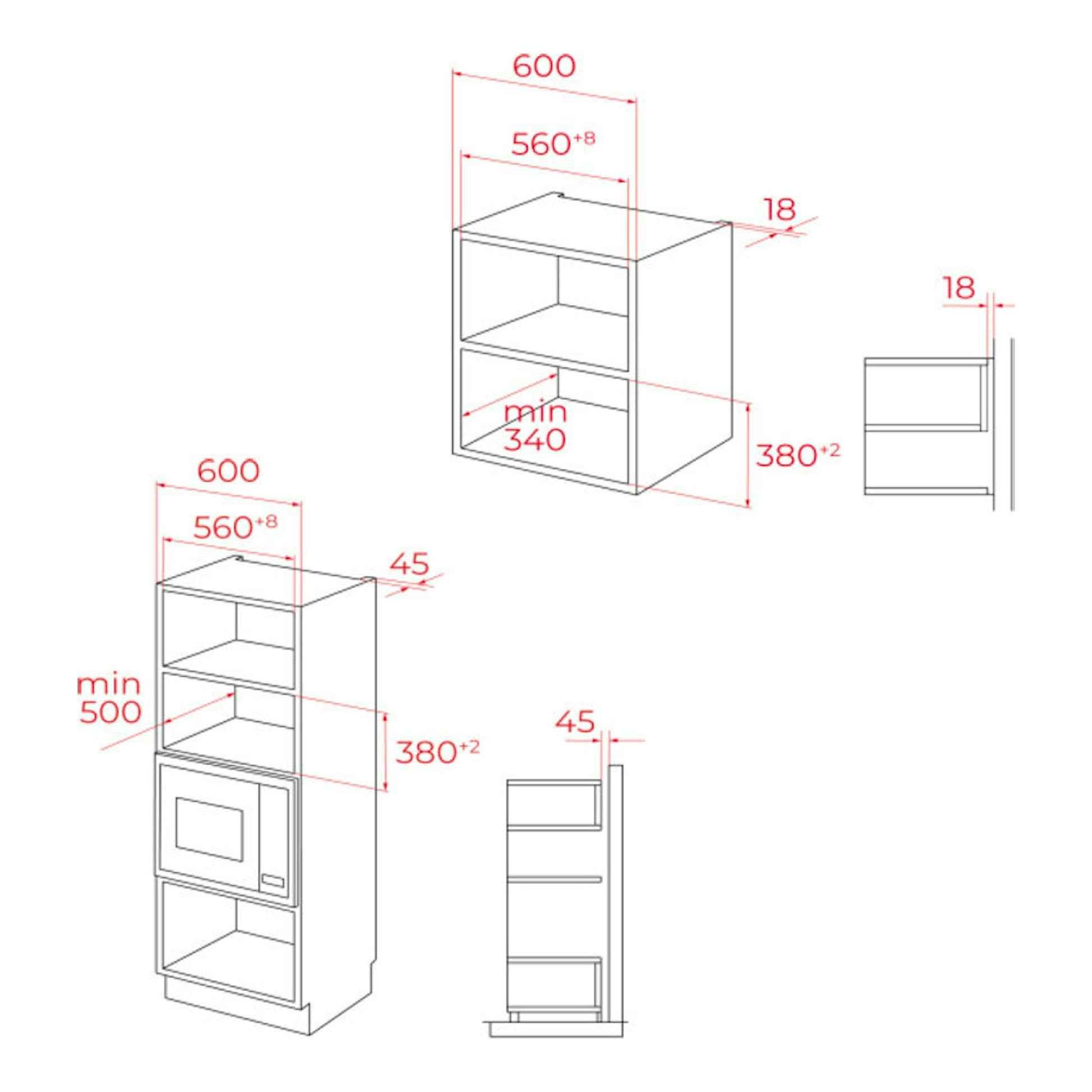 Teka MSEG620FI: esquema de instalación de microondas integrable en mueble, vistas frontal y lateral con medidas.