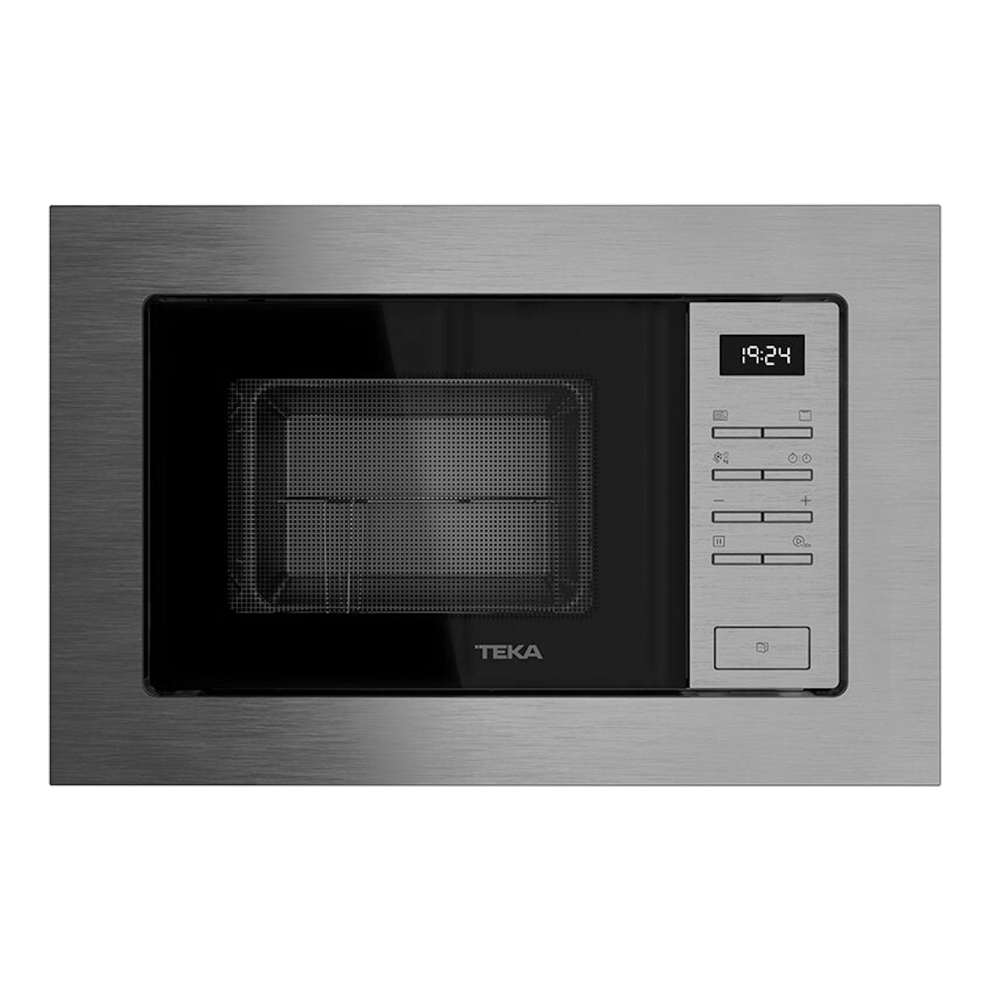 Microondas integrable Teka MSEG620SS en inox, vista frontal, puerta negra y panel digital a la derecha.