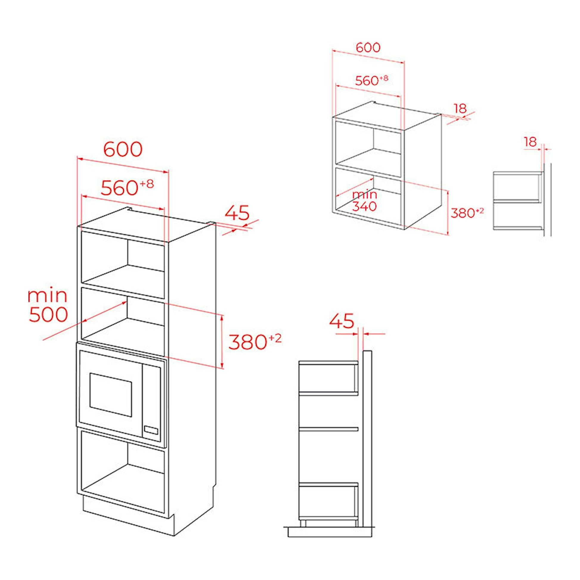 Esquema técnico del microondas integrable Teka MSEG620SS en mueble, con vistas frontal y lateral y medidas.