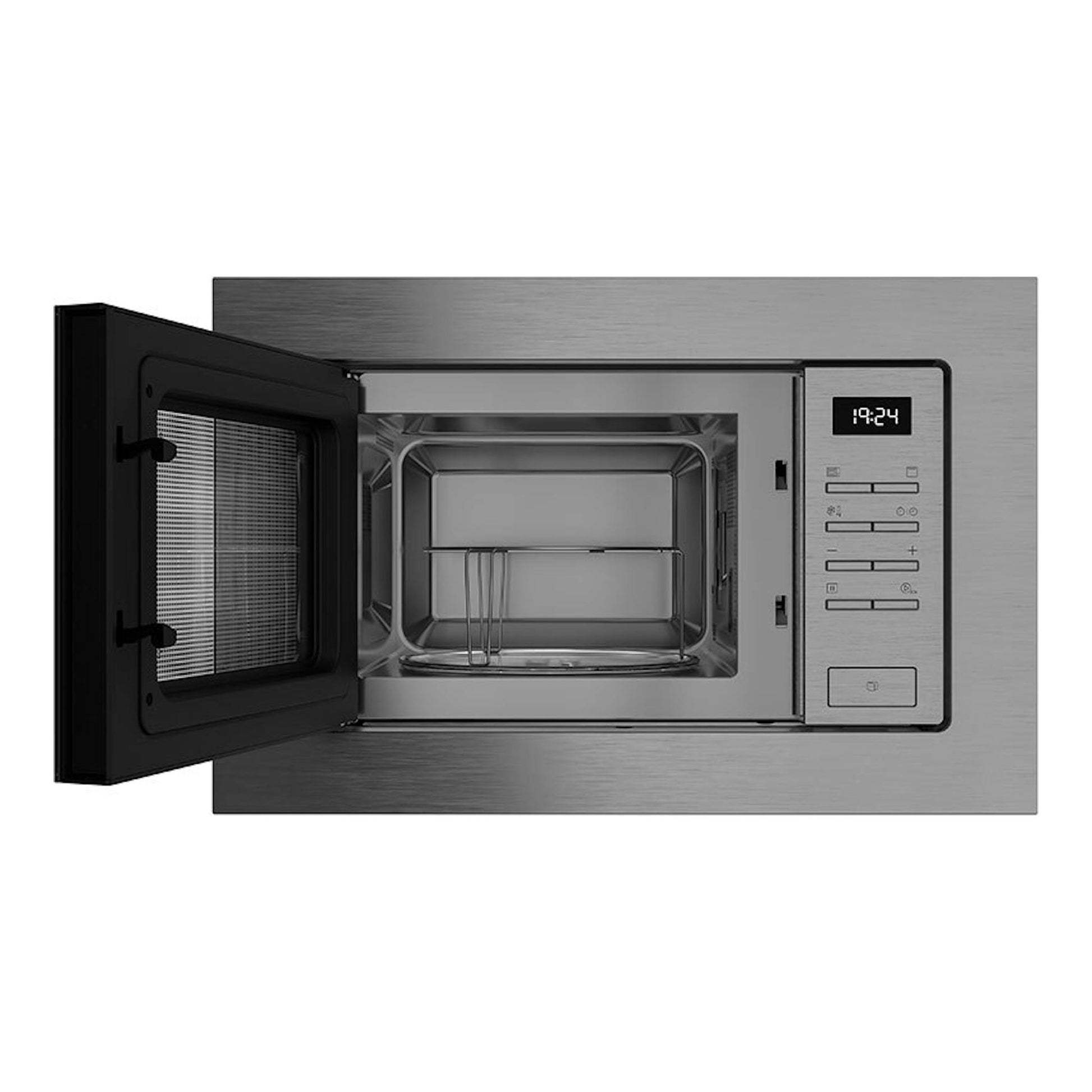 Microondas integrable Teka MSEG620SS en inox, vista frontal, puerta abierta y panel digital a la derecha.
