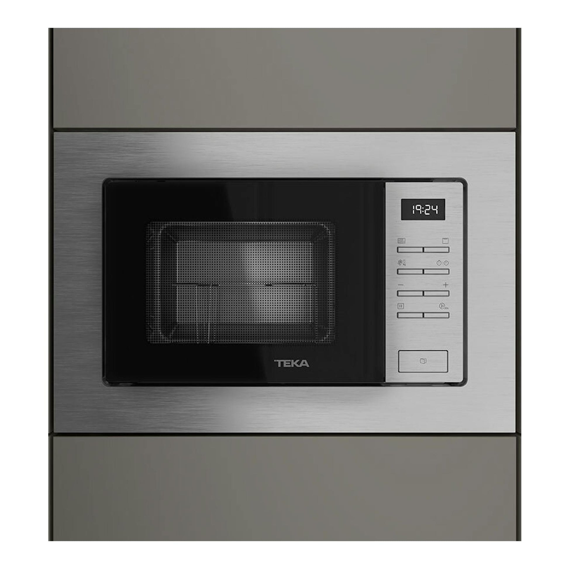 Microondas integrable Teka MSEG620SS de acero inoxidable, vista frontal empotrada con panel digital.