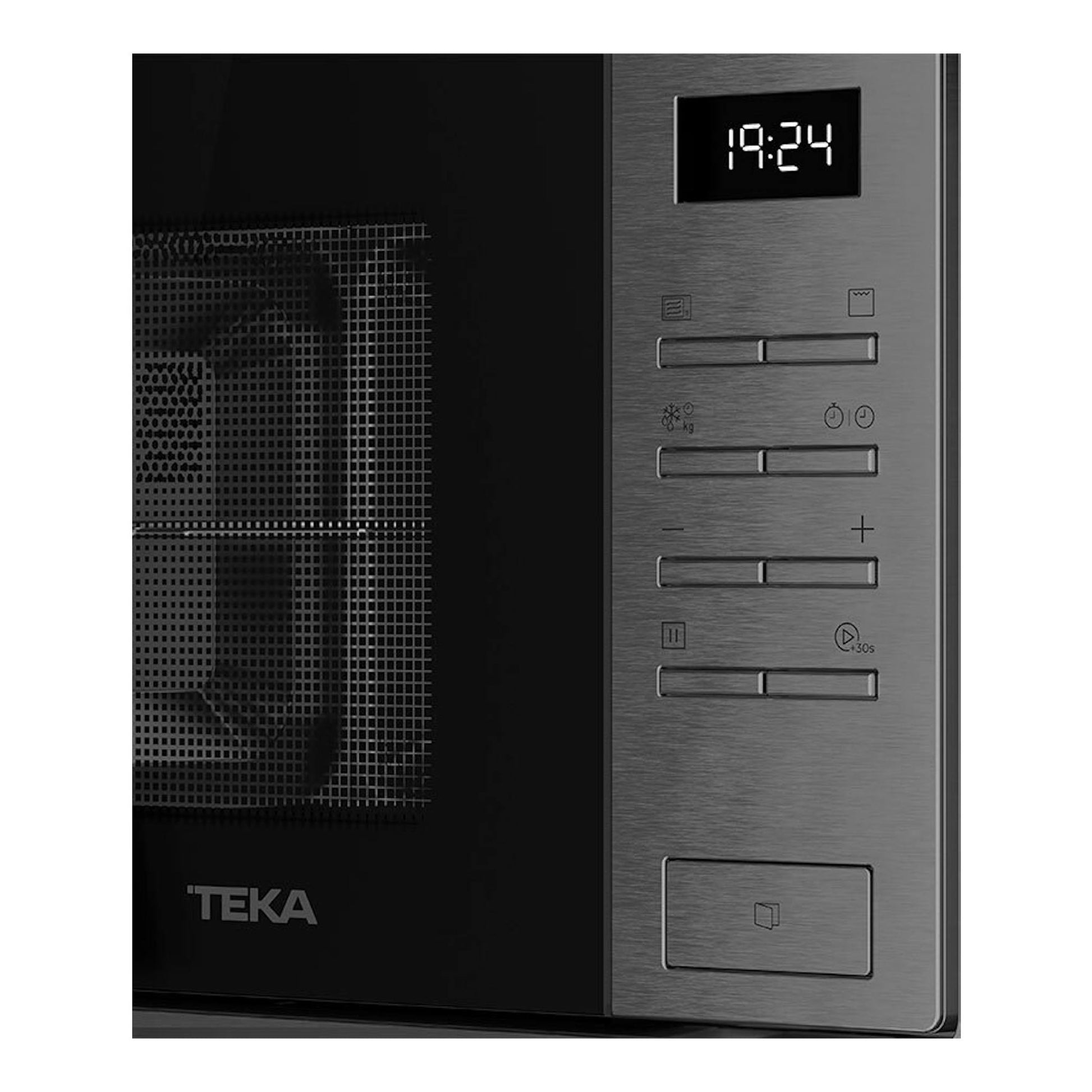 Microondas integrable Teka MSEG620SS en inox, vista frontal parcial con panel digital y puerta negra.