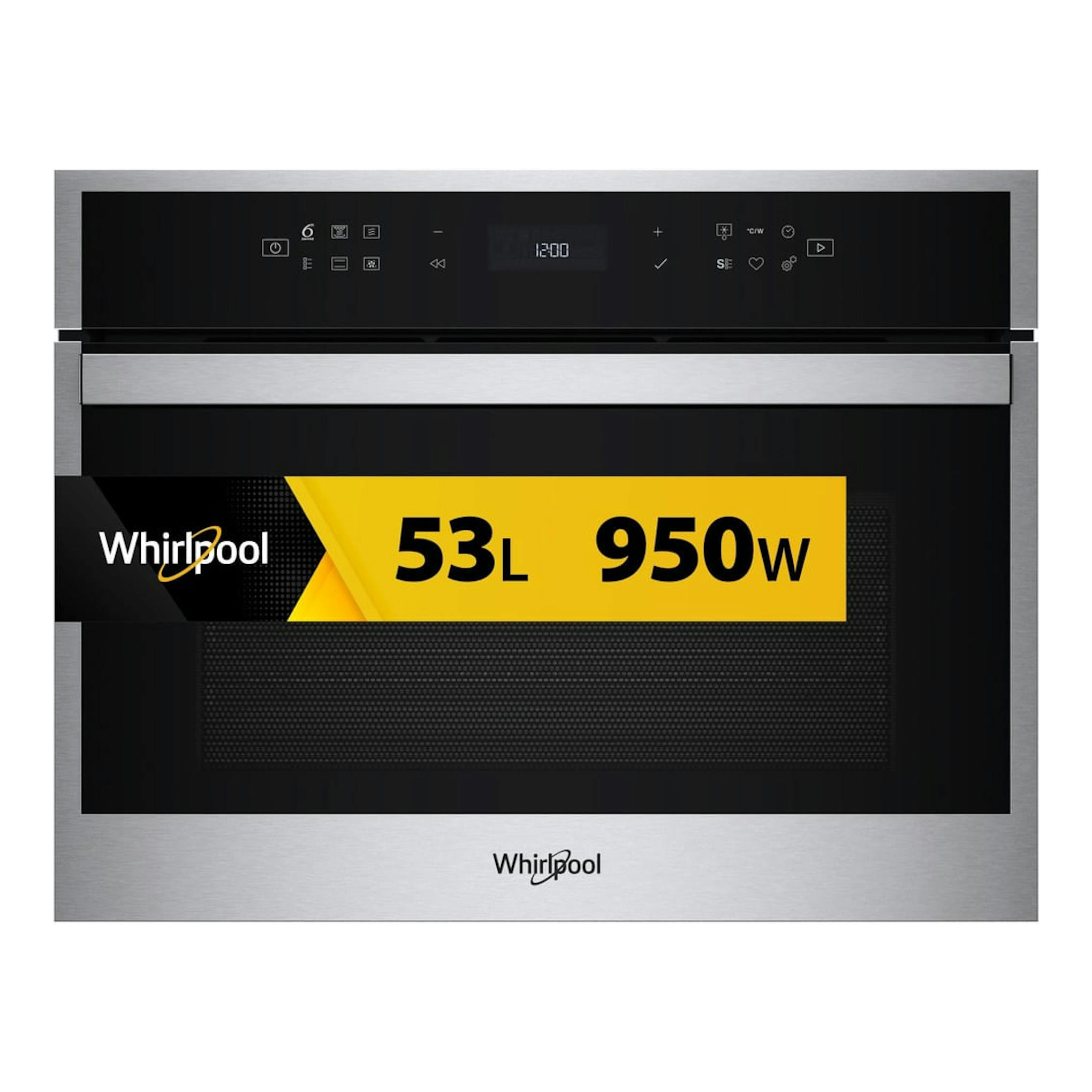 Microondas integrable Whirlpool WCW607HTSX en inox y negro, vista frontal, con panel digital.