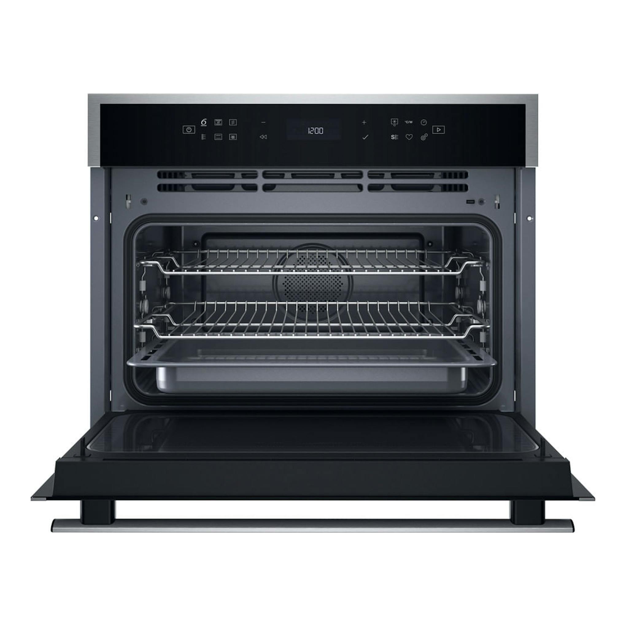 Microondas integrable Whirlpool WCW607HTSX en inox y negro, vista frontal con puerta abatida y cavidad interior.