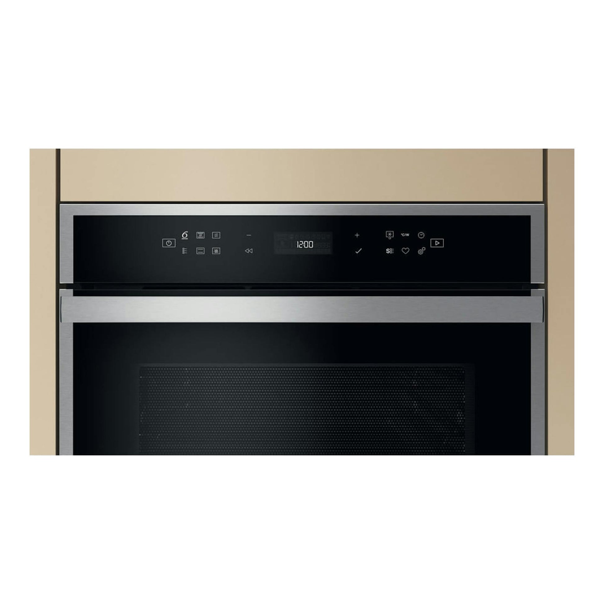 Microondas integrable Whirlpool WCW607HTSX en inox, vista frontal con panel negro y display digital.