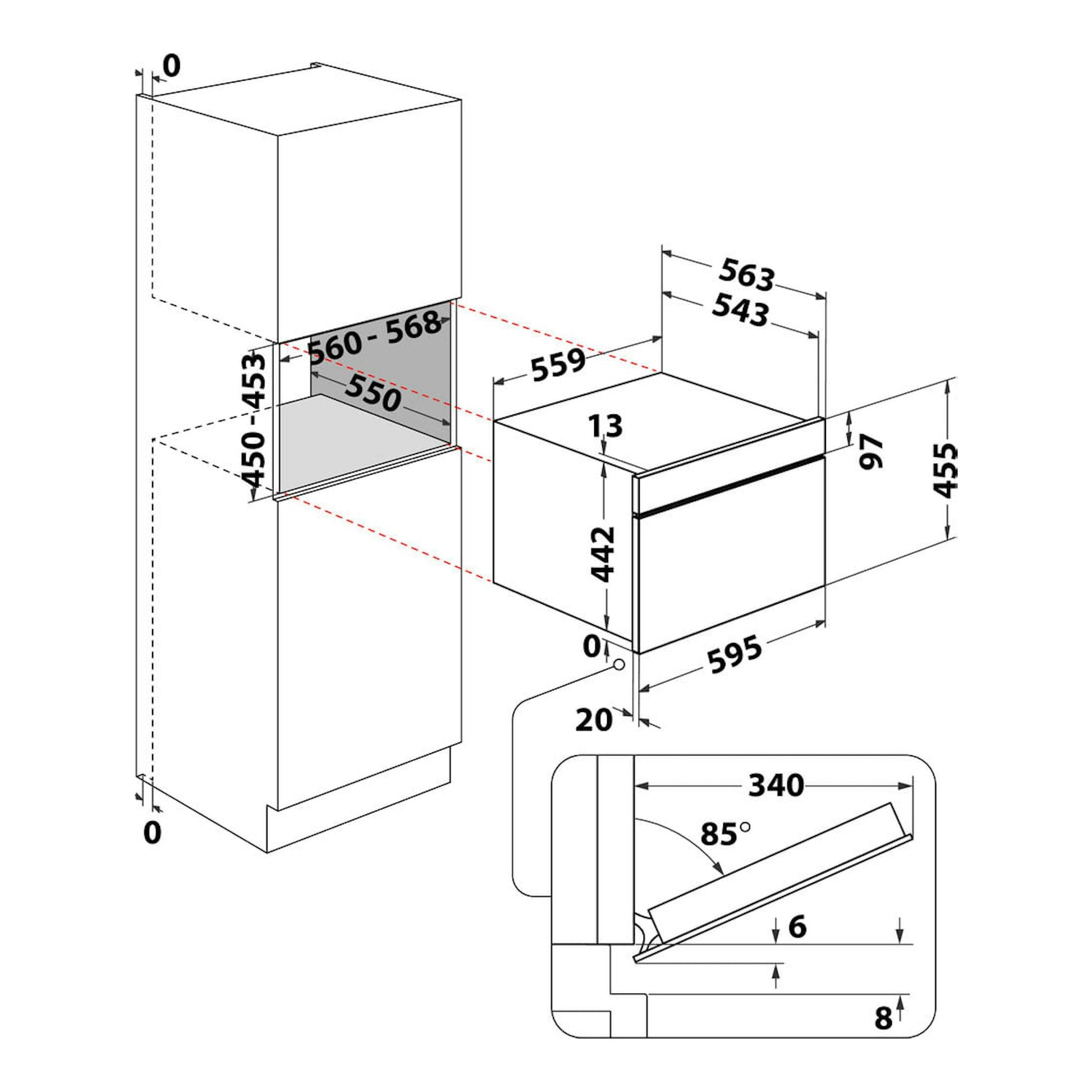 Diagrama técnico de instalación del microondas integrable Whirlpool WCW607HTSX en inox, con medidas y apertura.