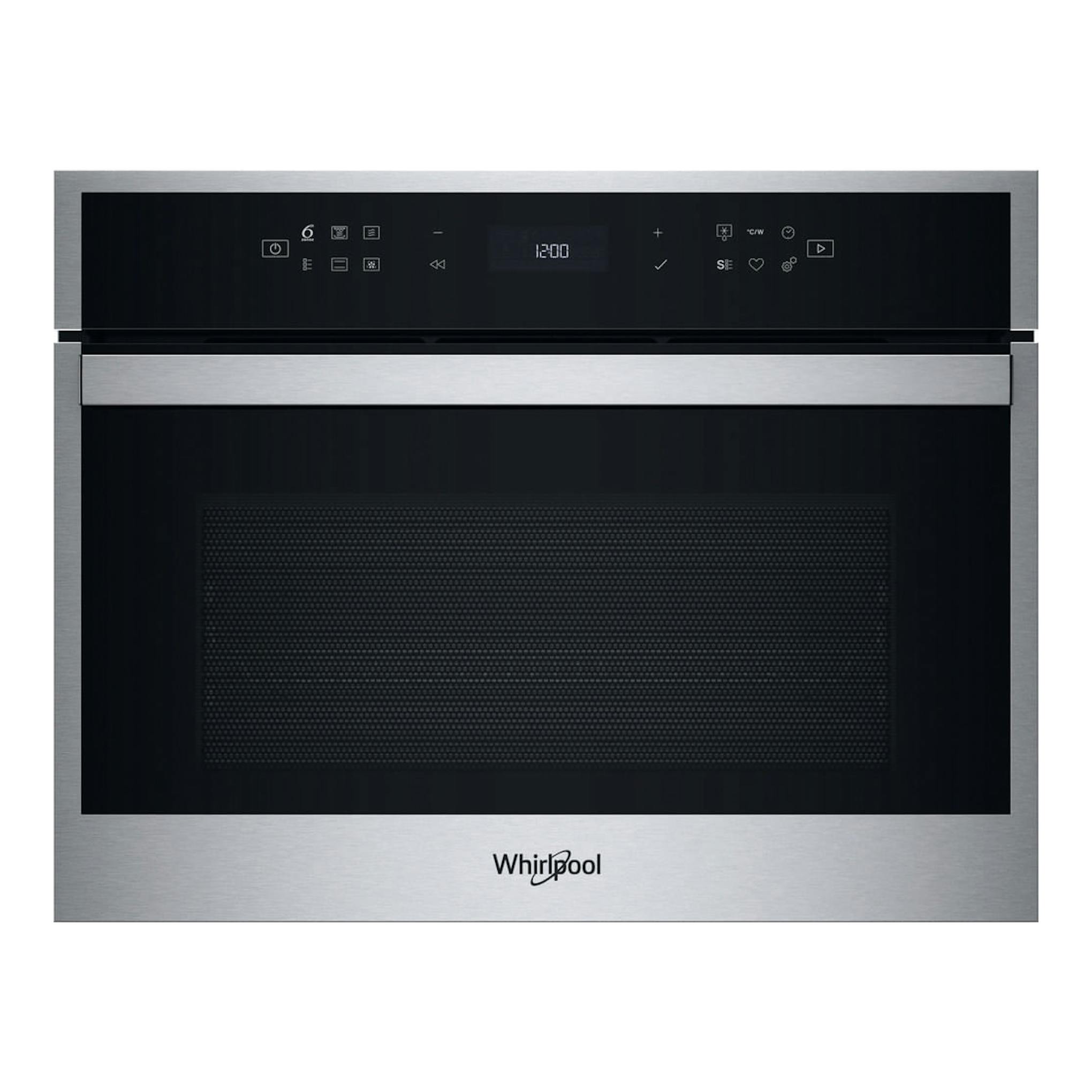 Microondas integrable Whirlpool WCW607HTSX en inox y negro, vista frontal con panel táctil y puerta de vidrio.