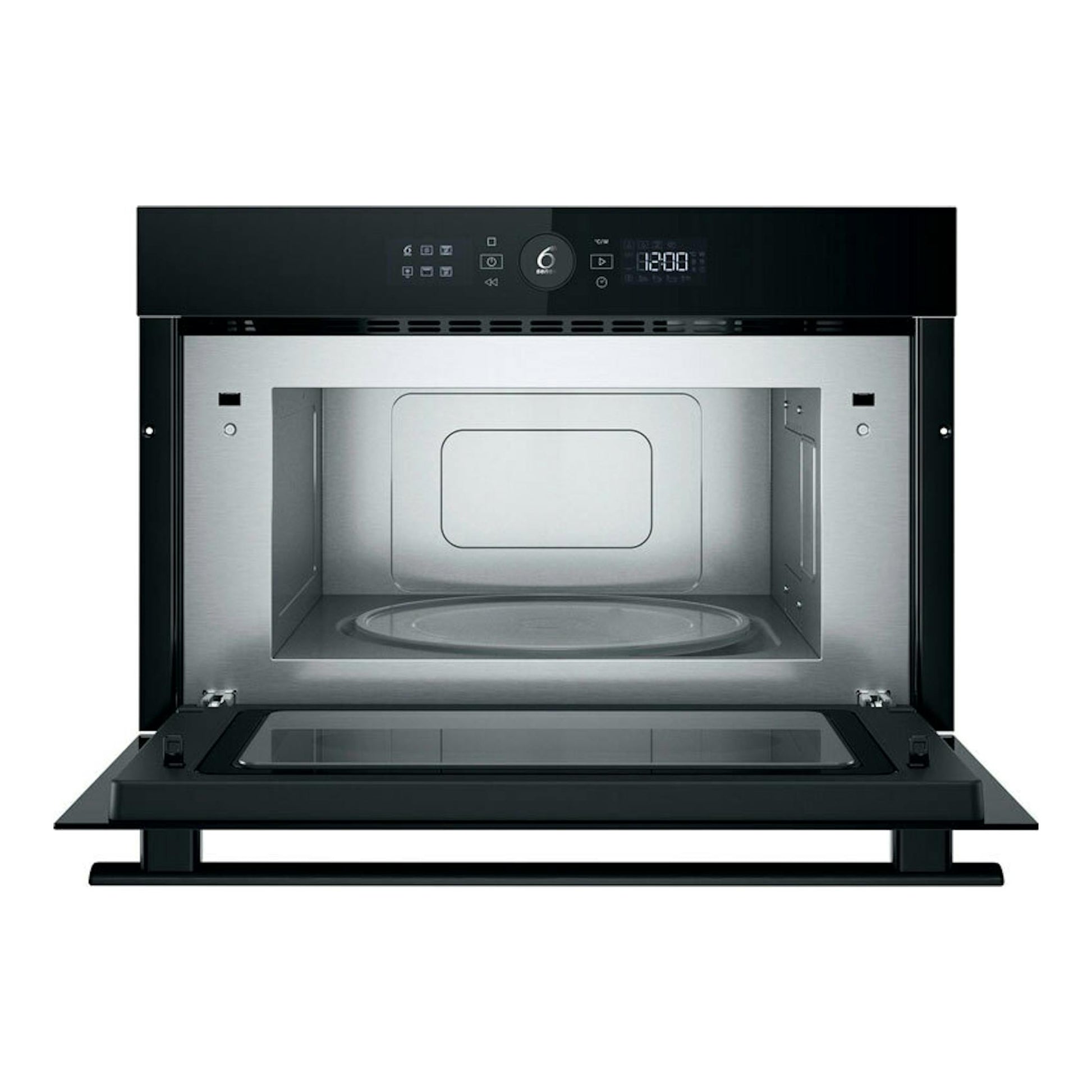 Microondas integrable Whirlpool WMD44MB, vista frontal con puerta abatible abierta, negro y acero inoxidable.