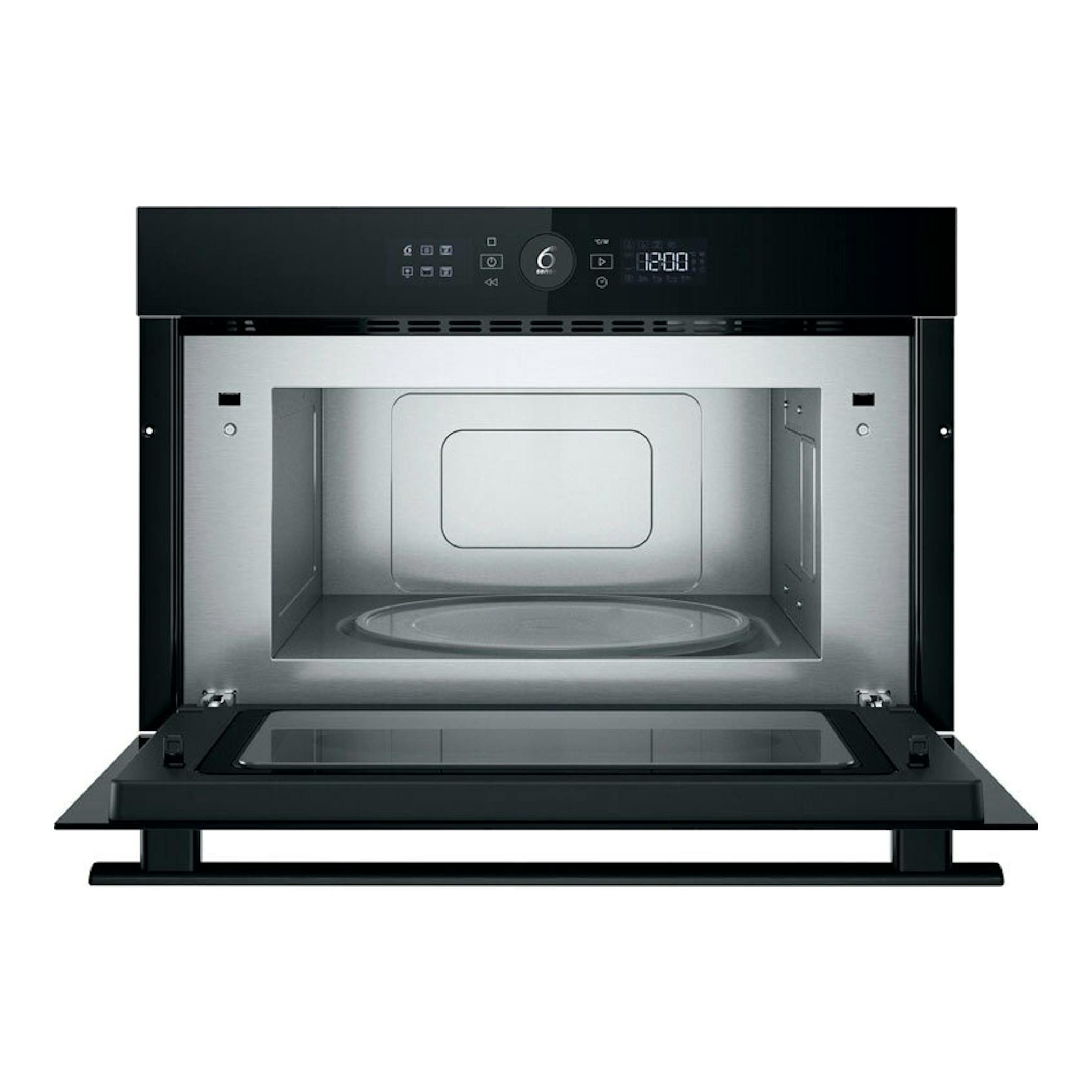 Microondas integrable Whirlpool WMD44MB, vista frontal con puerta abatible abierta, negro y acero inoxidable.