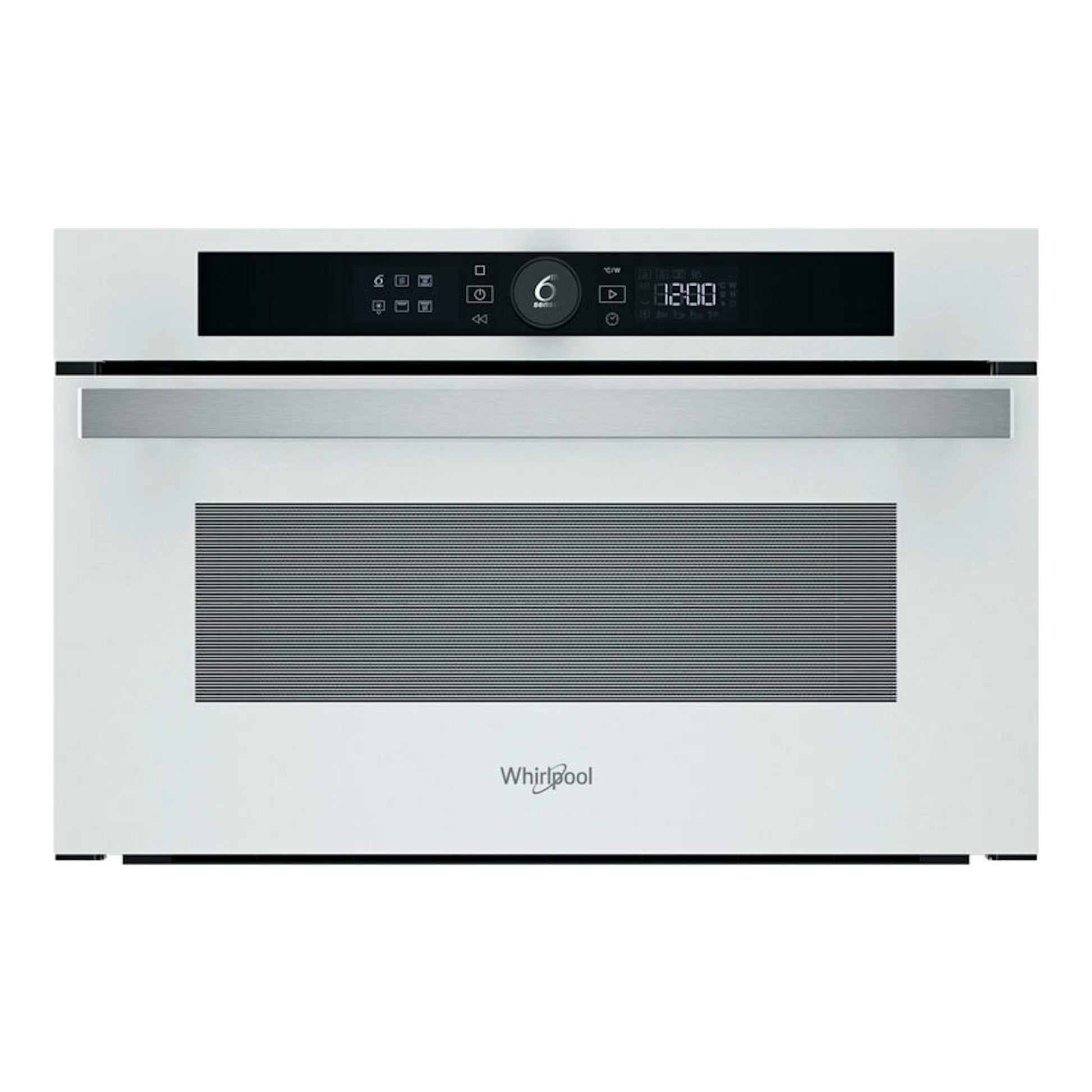 Microondas integrable Whirlpool WMD44MW, vista frontal, color blanco con panel negro y display digital.