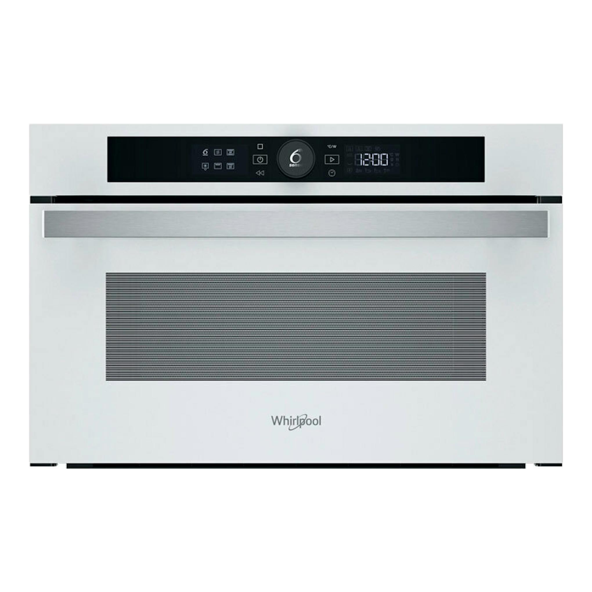 Microondas integrable Whirlpool WMD44MW, vista frontal, color blanco con panel negro y display digital.