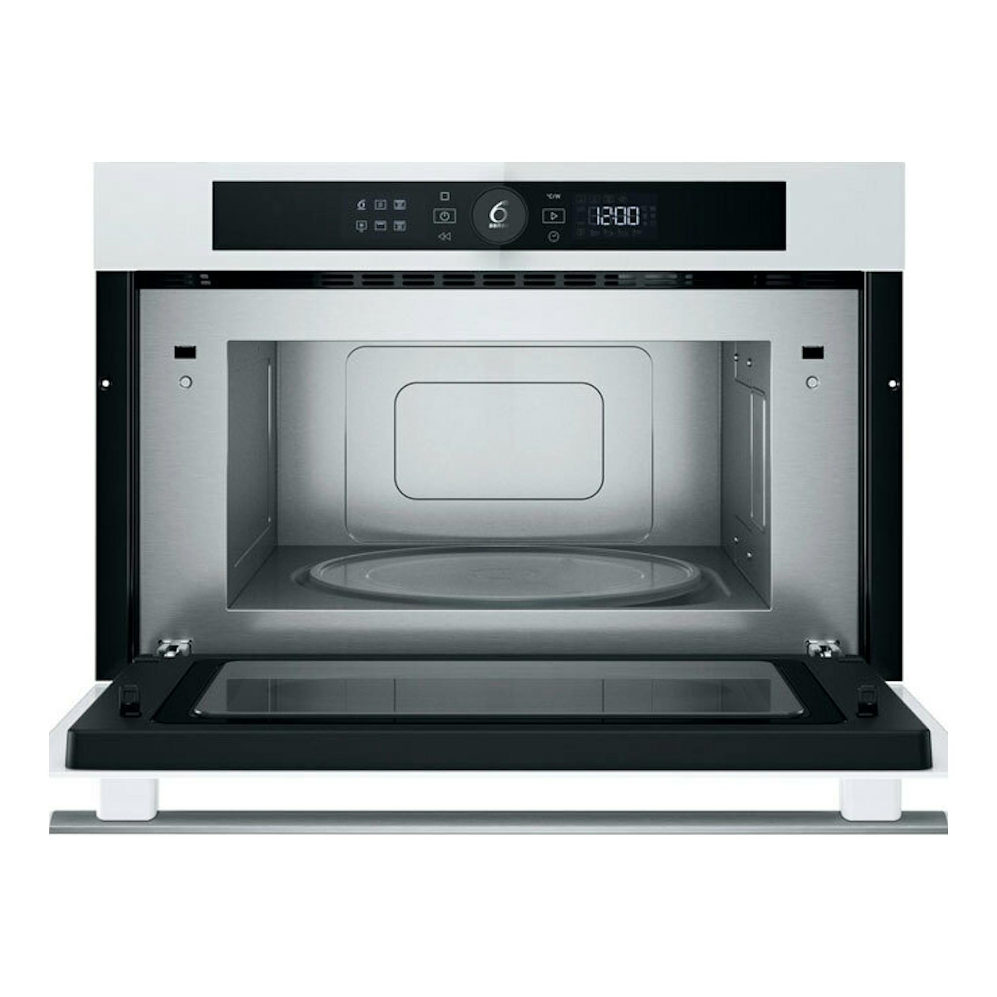 Microondas integrable Whirlpool WMD44MW, vista frontal con puerta abatible abierta, interior acero inoxidable y negro.