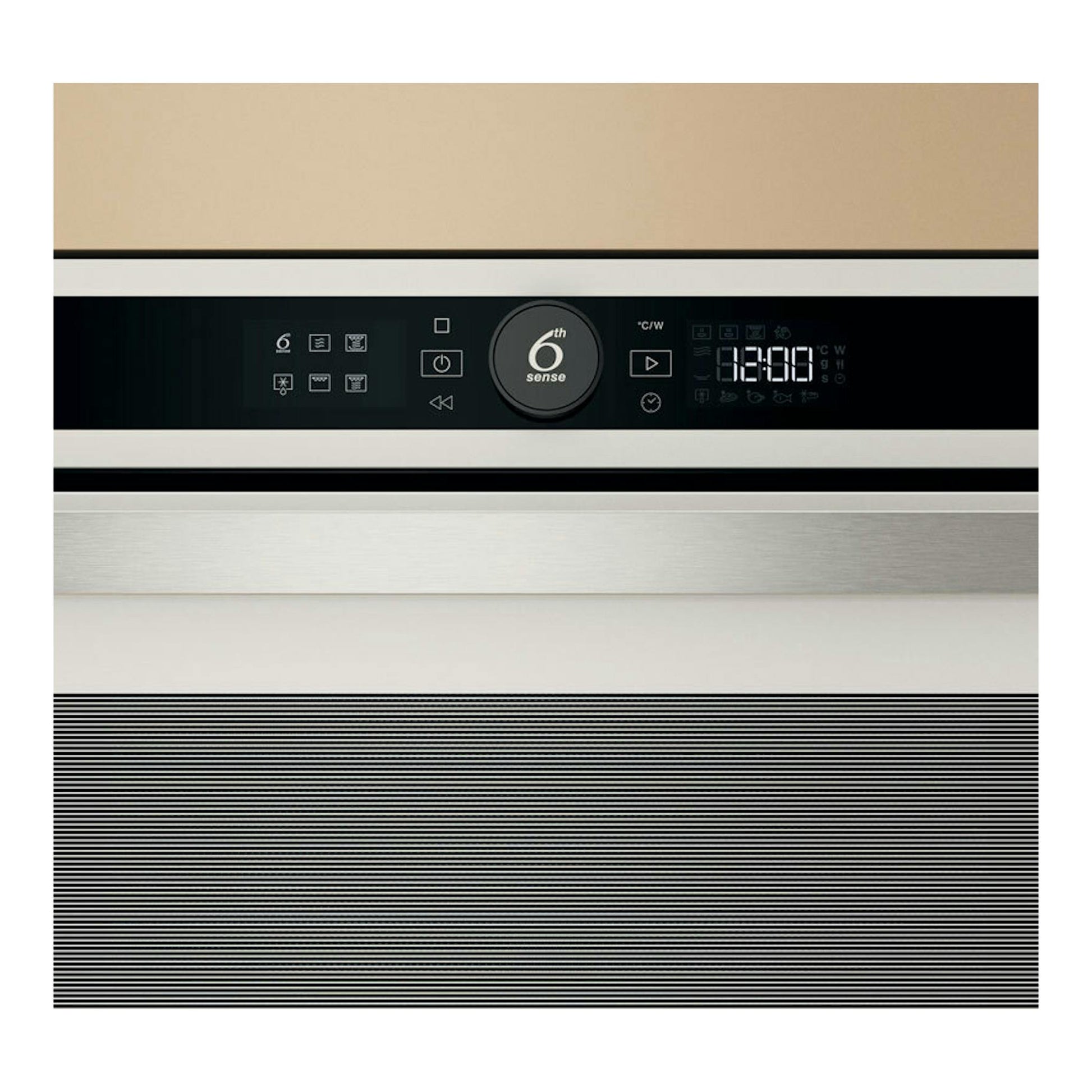Microondas integrable Whirlpool WMD44MW, vista frontal, acabado inox con panel negro y display digital.