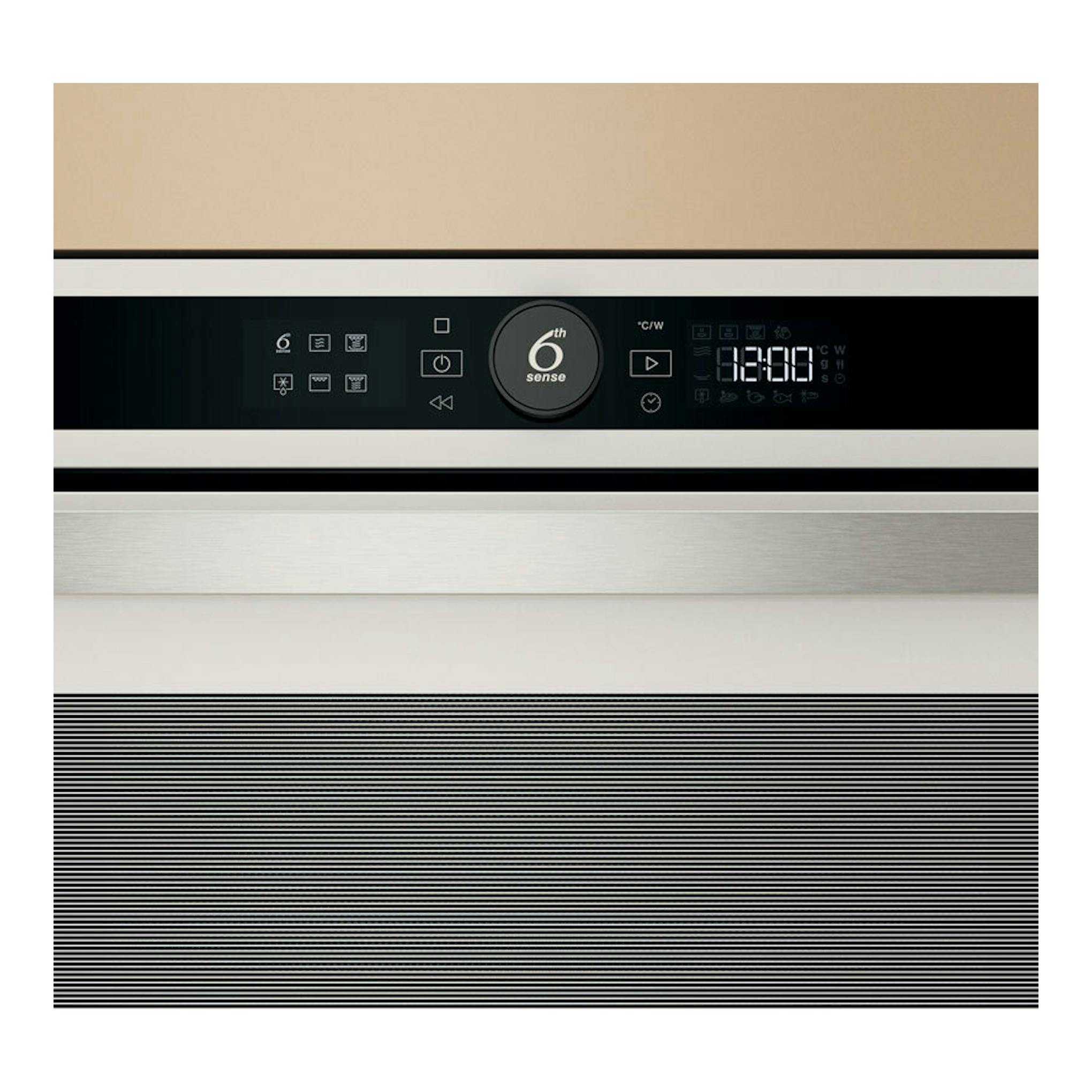 Microondas integrable Whirlpool WMD44MW, vista frontal, acabado inox con panel negro y display digital.