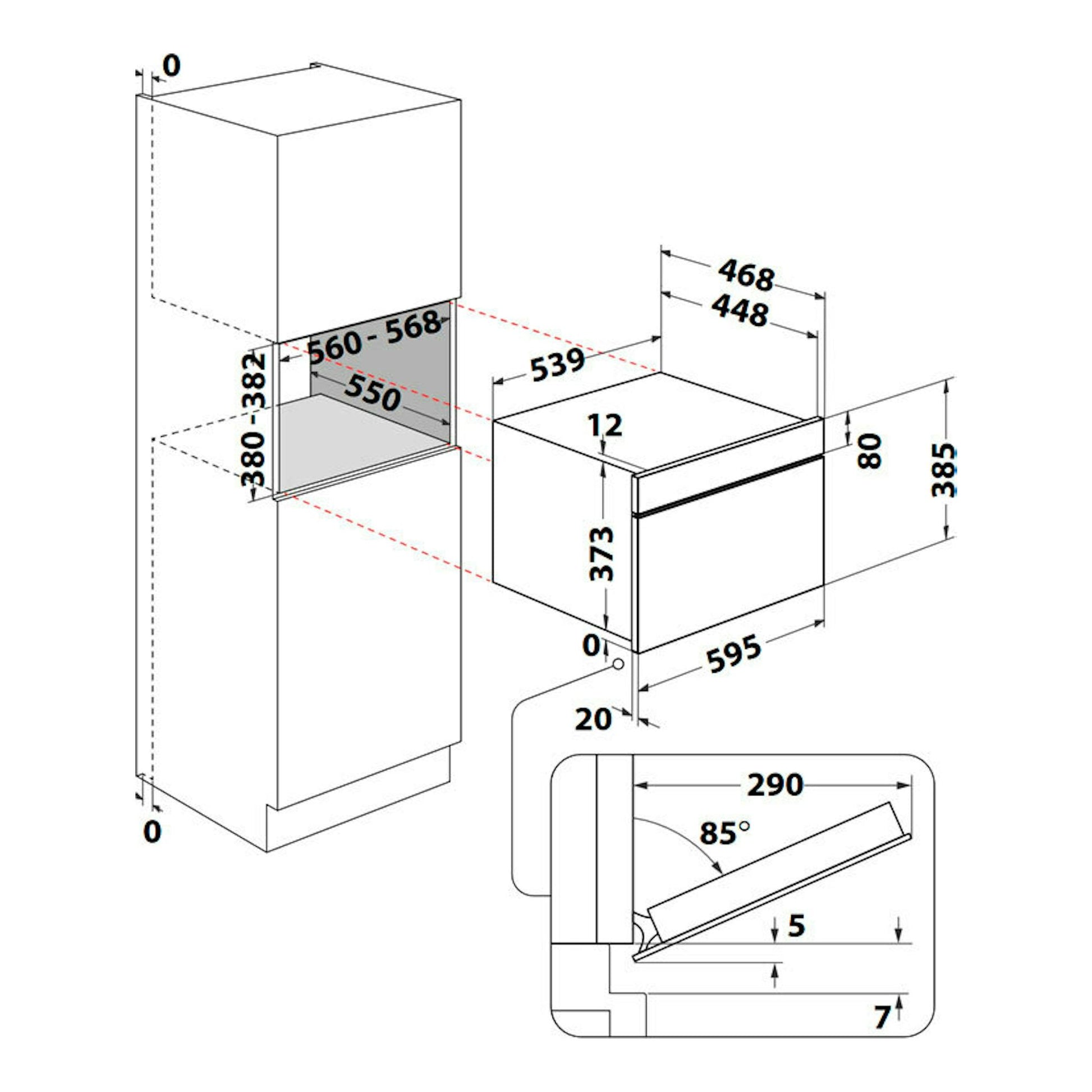 Diagrama técnico de instalación de microondas integrable Whirlpool WMD6O4TB, vista frontal y lateral con medidas.