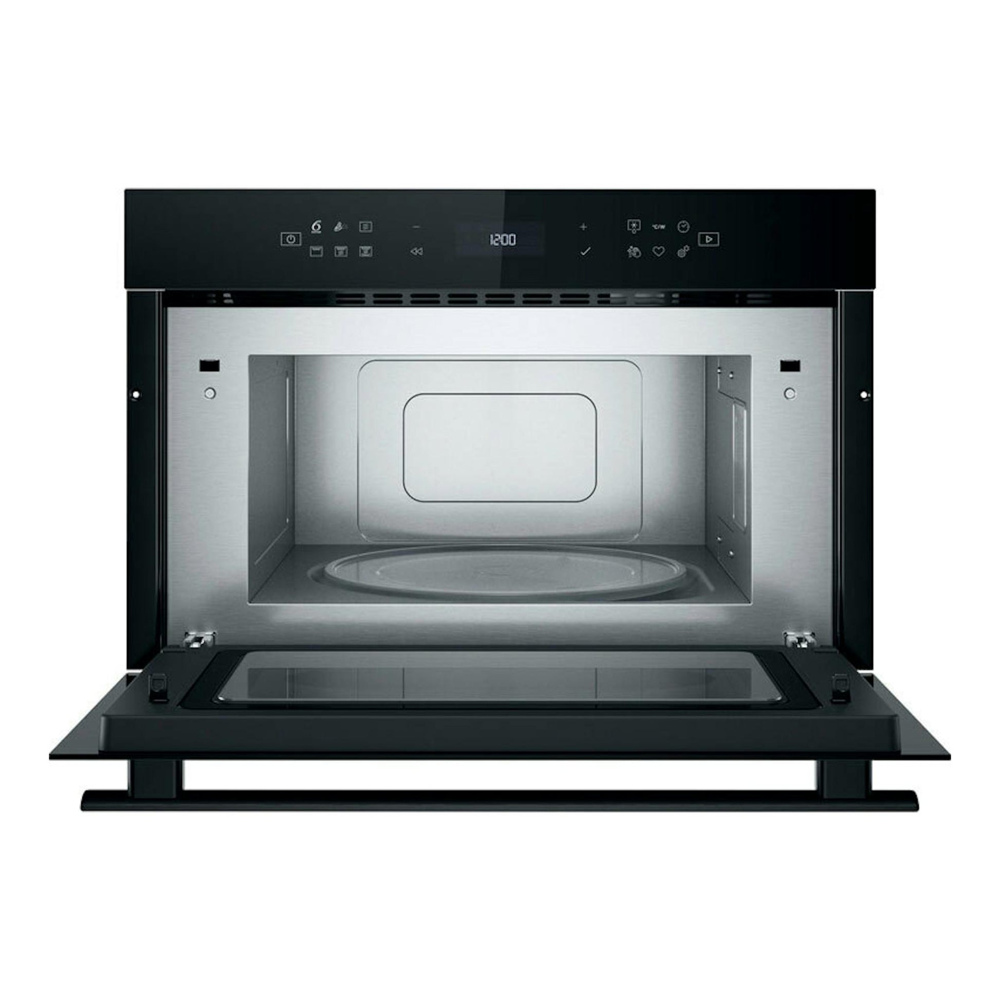 Microondas integrable Whirlpool WMD6O4TB abierto, vista frontal, negro y acero inoxidable.