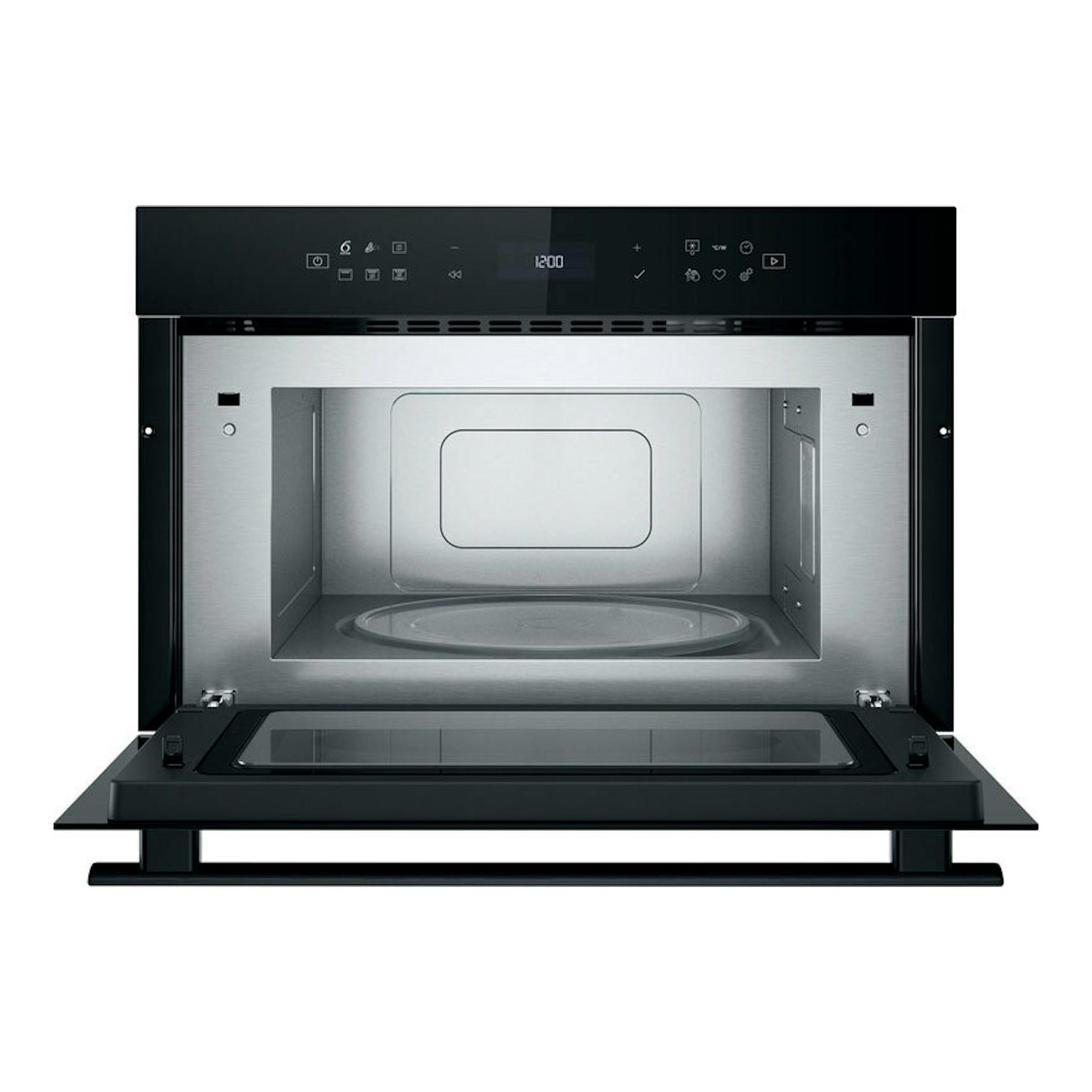 Microondas integrable Whirlpool WMD6O4TB abierto, vista frontal, negro y acero inoxidable.