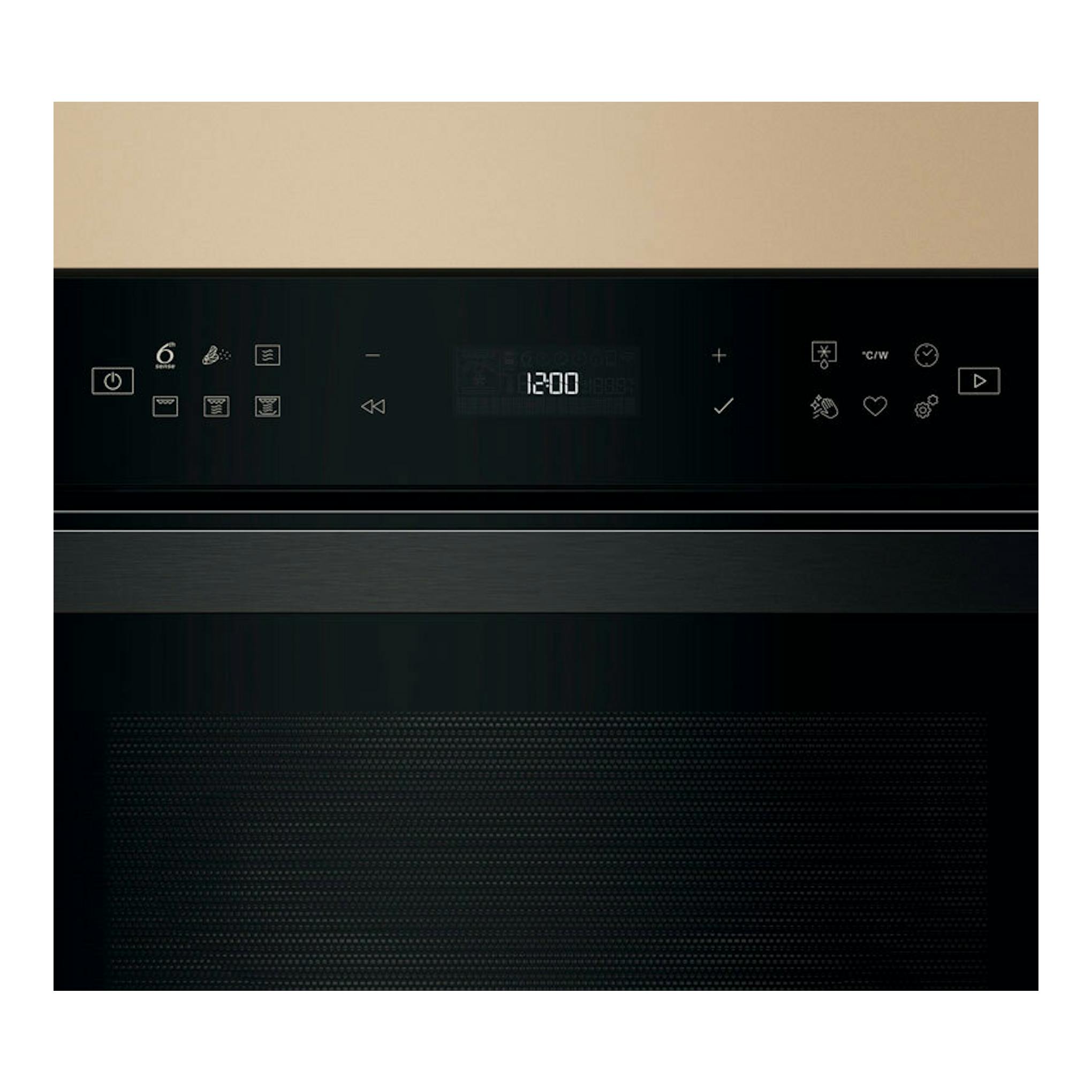 Microondas integrable Whirlpool WMD6O4TB negro, vista frontal, con panel táctil y pantalla digital 12:00.