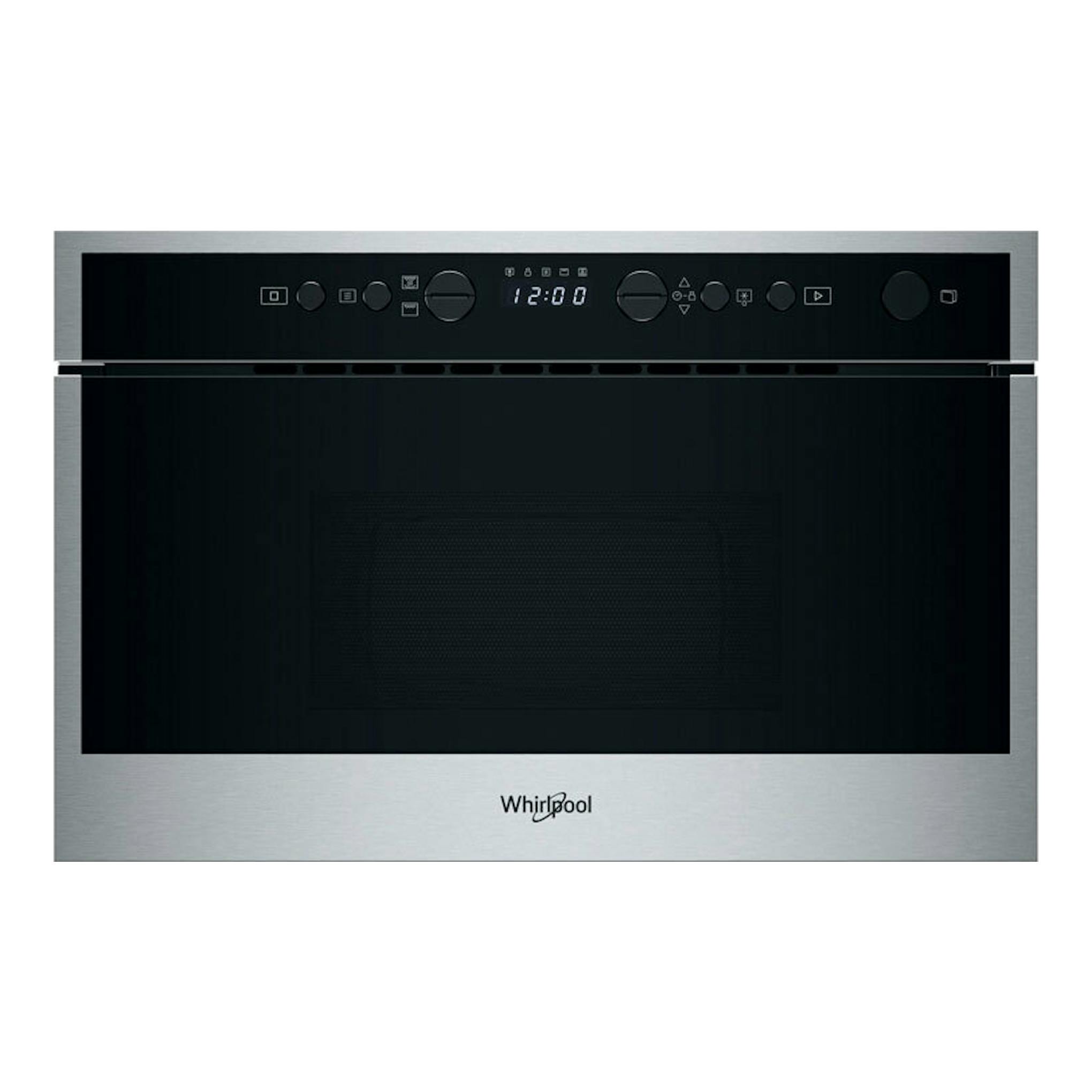 Microondas integrable Whirlpool WMN464BX, vista frontal, panel negro y marco de acero inoxidable.