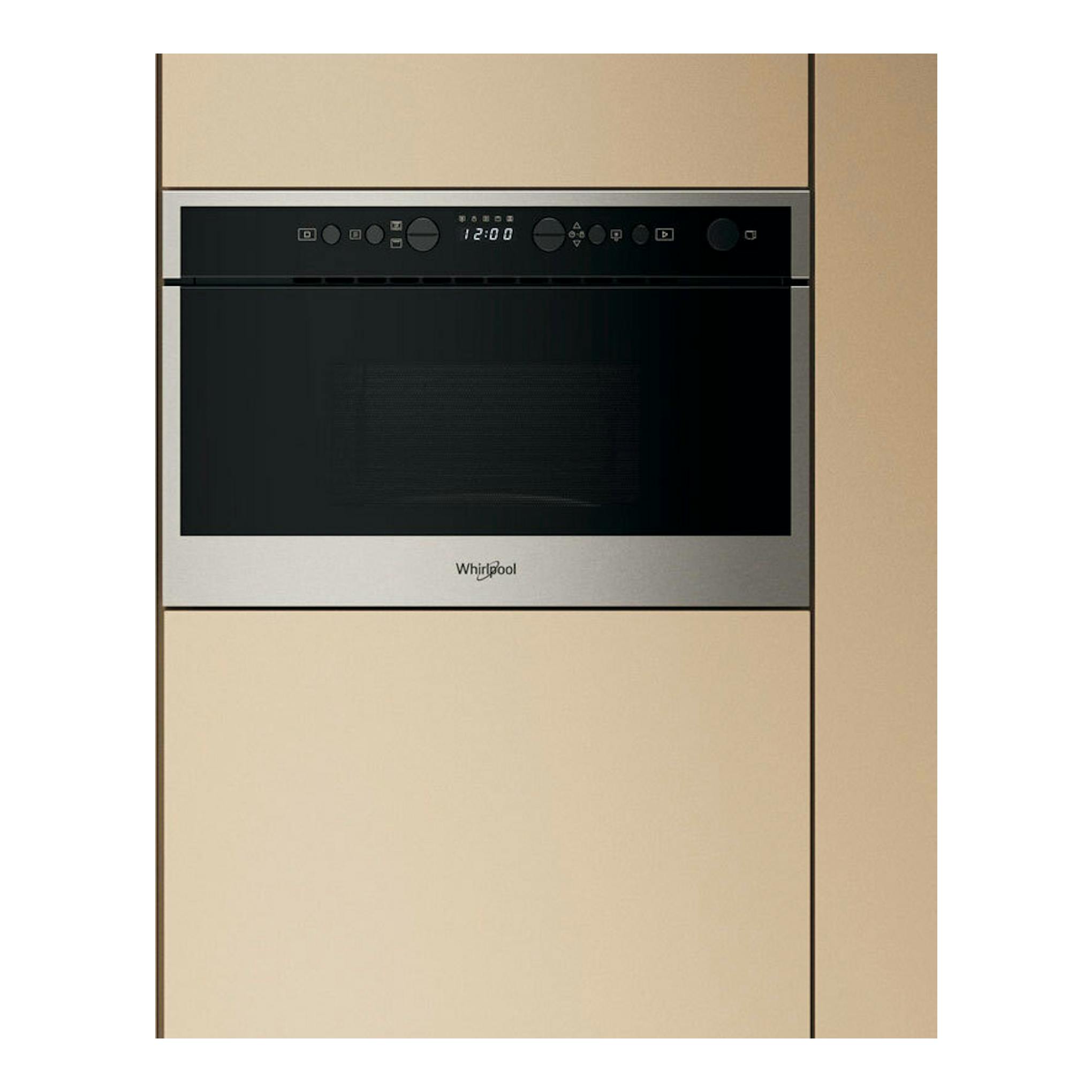 Microondas integrable Whirlpool WMN464BX, vista frontal, acabado negro y acero inoxidable.