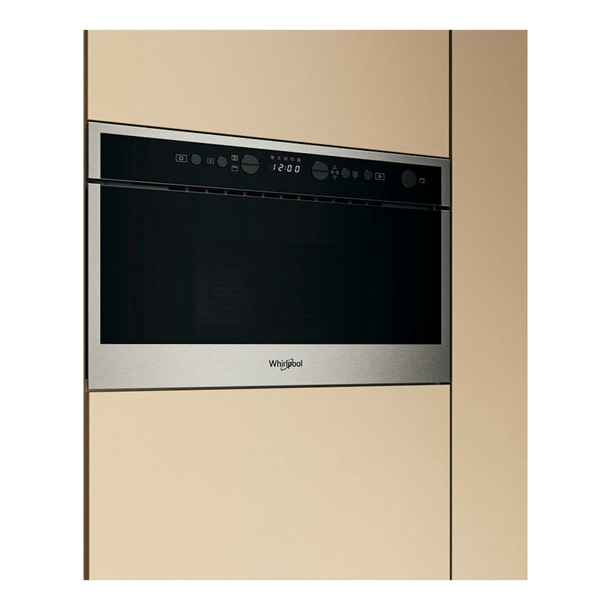 Microondas integrable Whirlpool WMN464BX, frontal, acero inoxidable y vidrio negro en mueble beige.