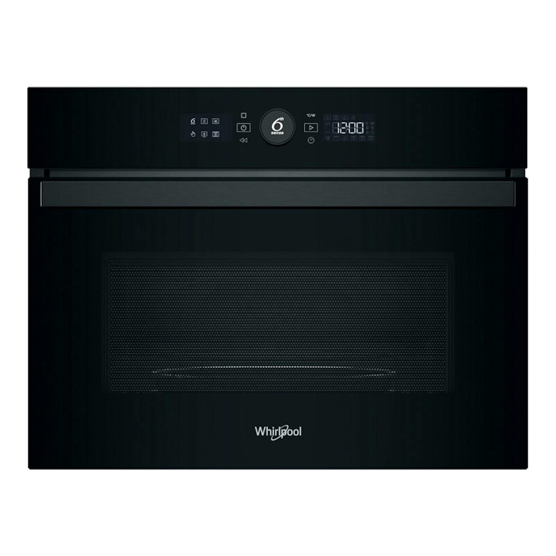 Microondas integrable Whirlpool WMW47HMB negro, vista frontal, con panel digital y puerta de vidrio tintado.