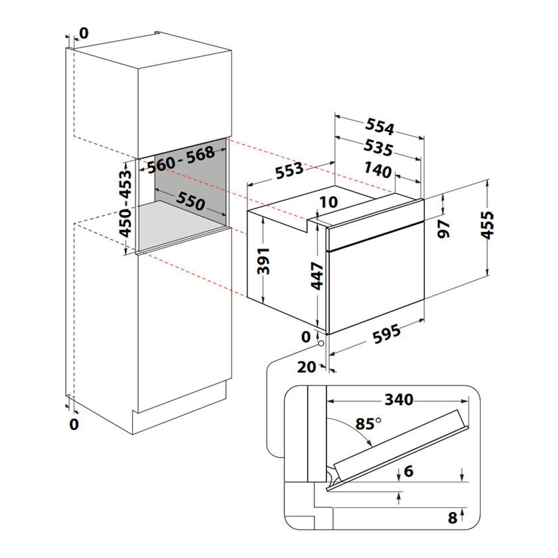 Diagrama técnico del microondas integrable Whirlpool WMW47HMB, con vistas frontal y lateral y medidas.