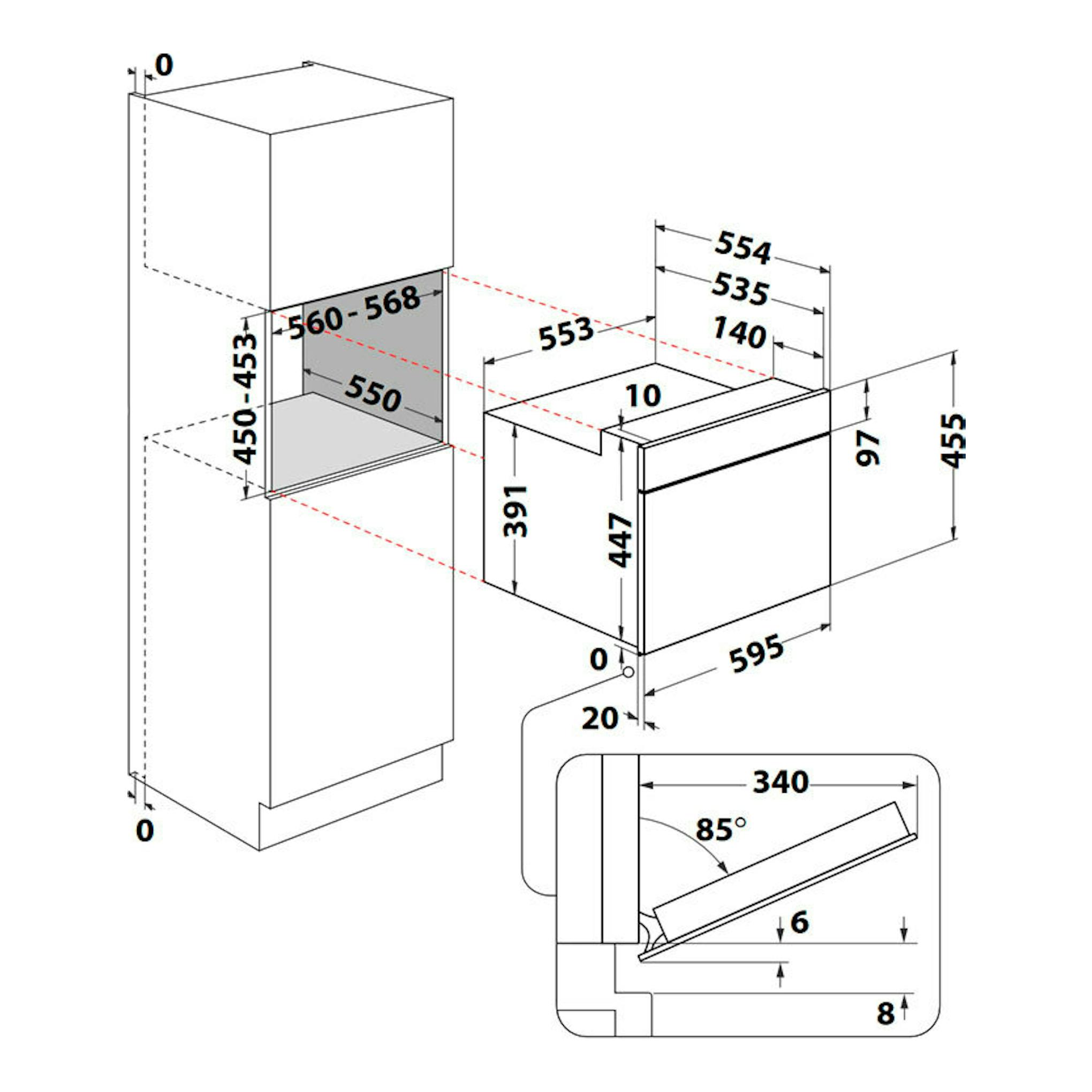Diagrama técnico del microondas integrable Whirlpool WMW47HMB, con vistas frontal y lateral y medidas.