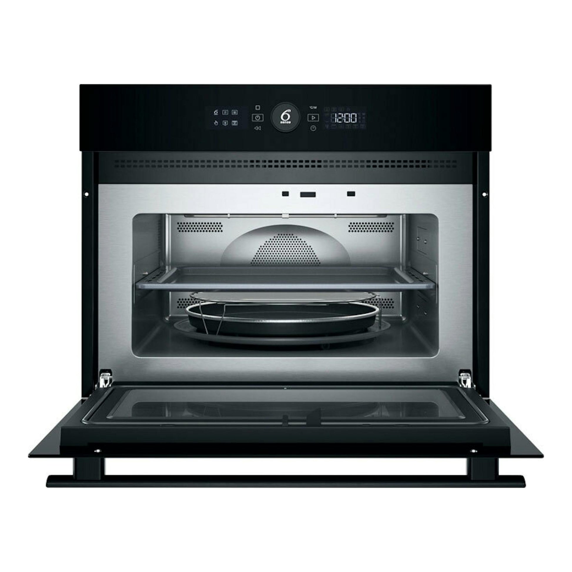 Microondas integrable Whirlpool WMW47HMB negro, vista frontal con la puerta abatida y el interior visible.