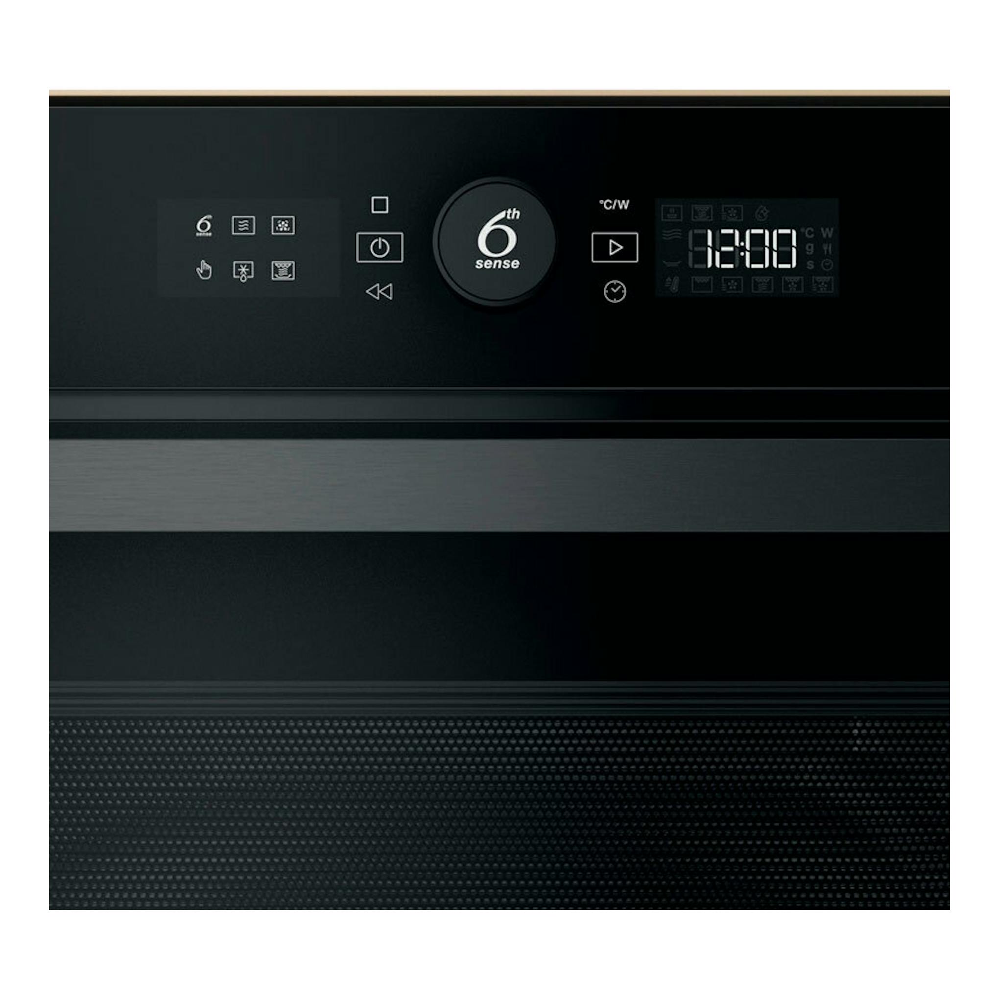 Microondas integrable Whirlpool WMW47HMB en negro, vista frontal del panel de control con display digital.