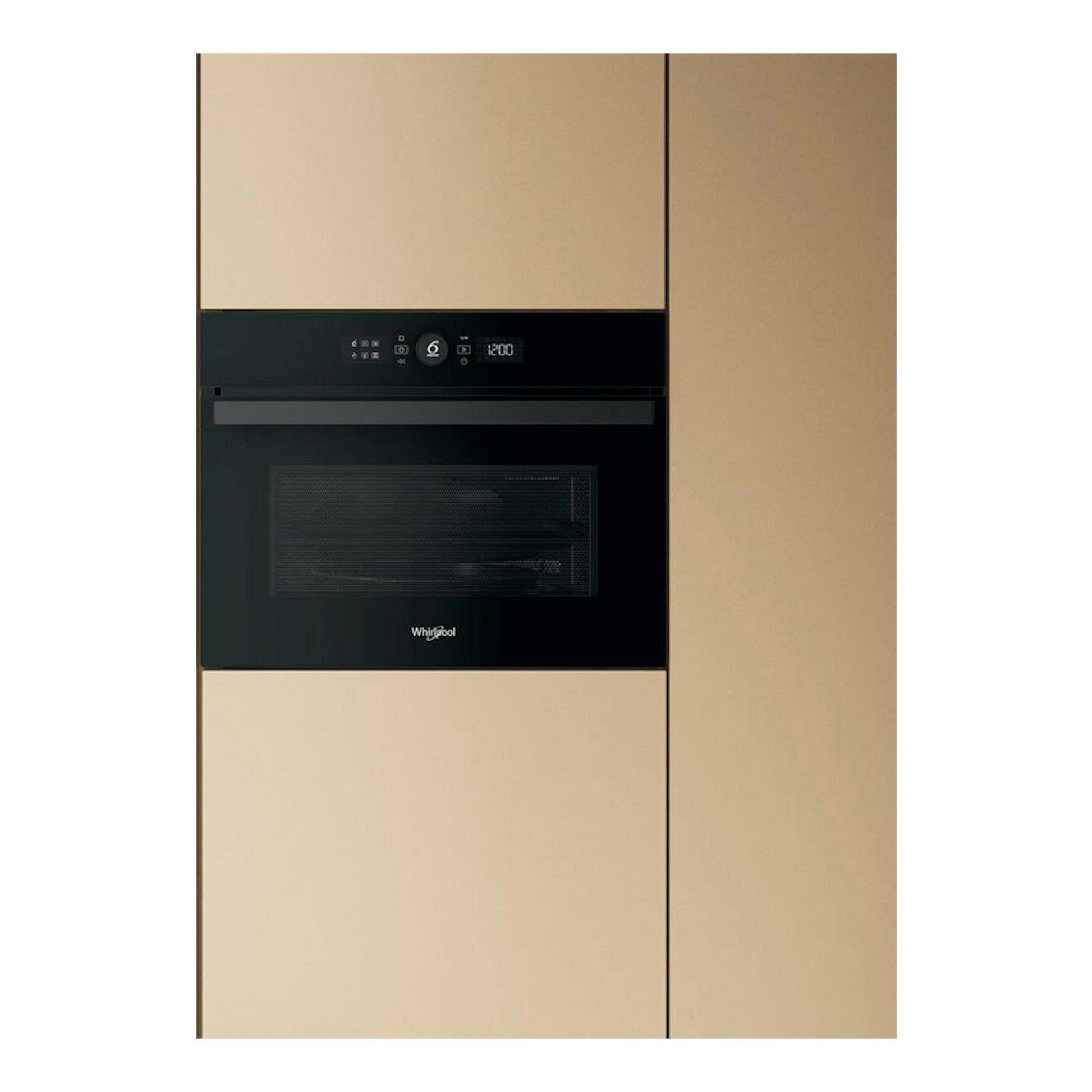 Microondas integrable Whirlpool WMW47HMB, vista frontal, acabado negro empotrado en mueble beige.
