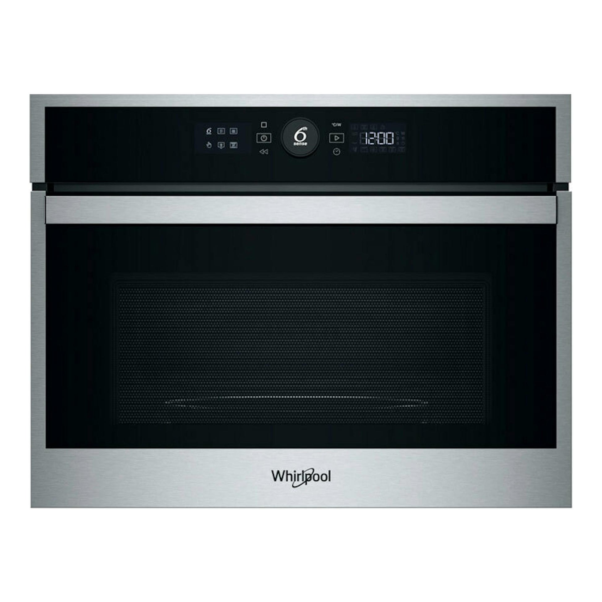 Microondas integrable Whirlpool WMW47HMX, vista frontal, en acero inoxidable y negro.