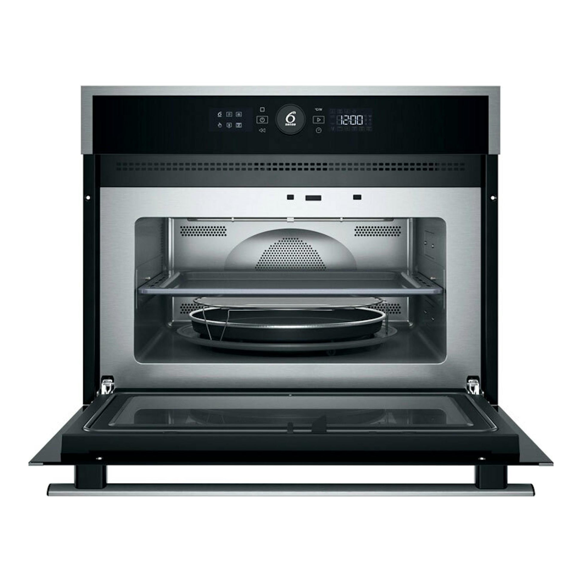 Microondas integrable Whirlpool WMW47HMX, vista frontal abierta, acabado negro y acero inoxidable.