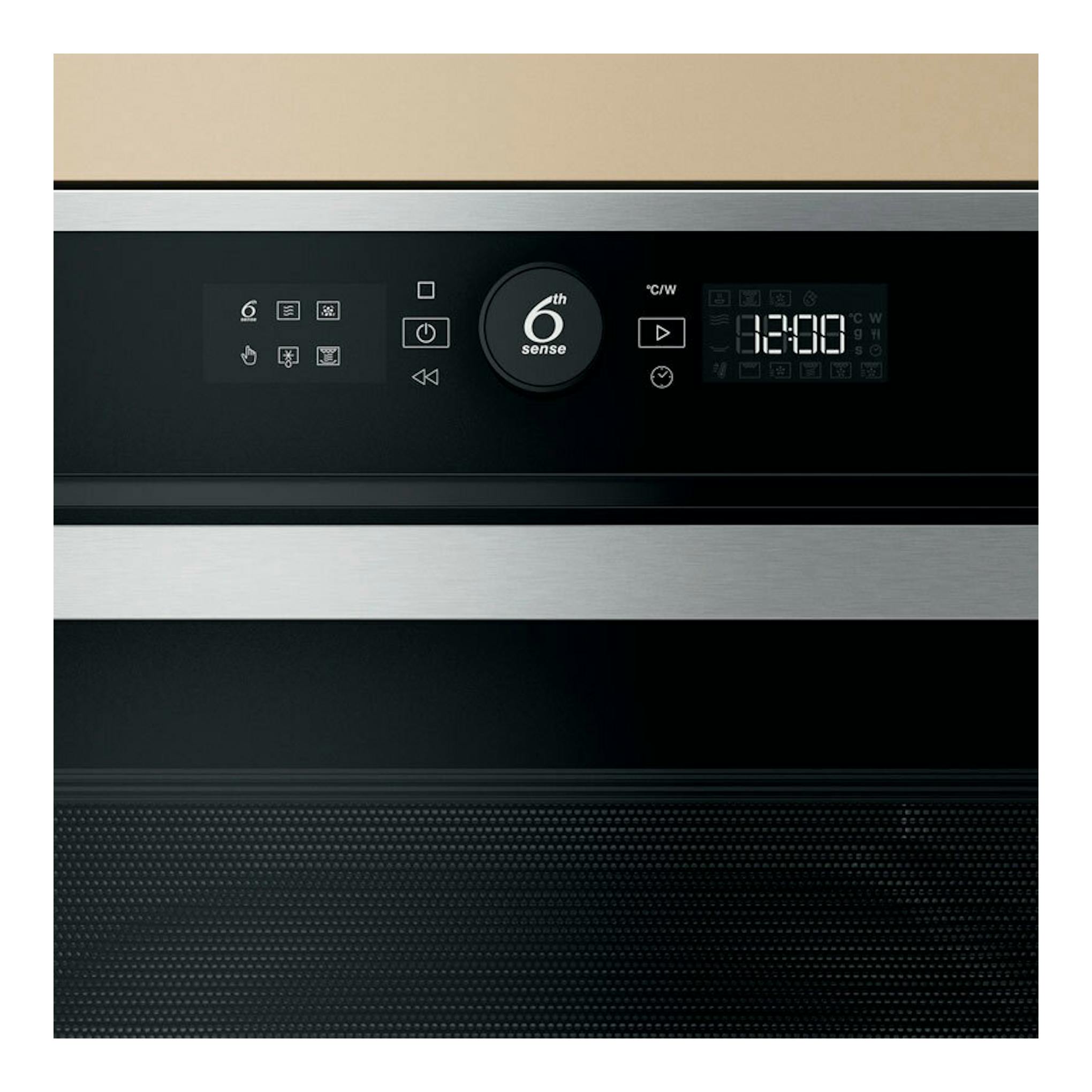 Microondas integrable Whirlpool WMW47HMX, vista frontal en negro con panel táctil y tiras de acero inoxidable.