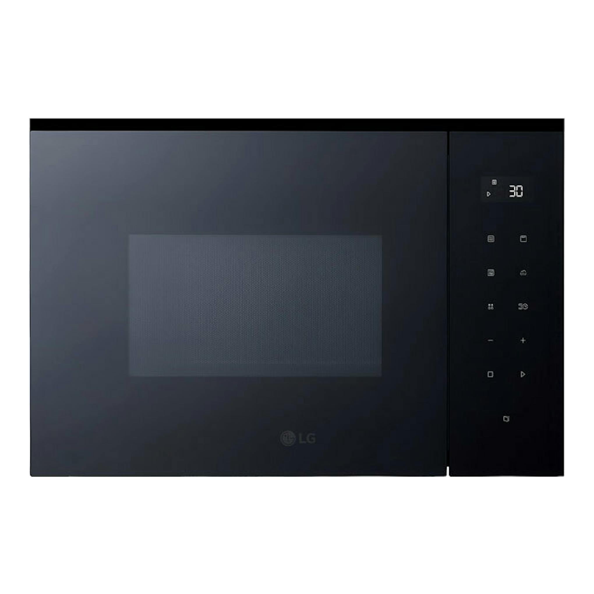 Microondas LG MGBZ2593F negro, vista frontal con panel táctil y display digital.