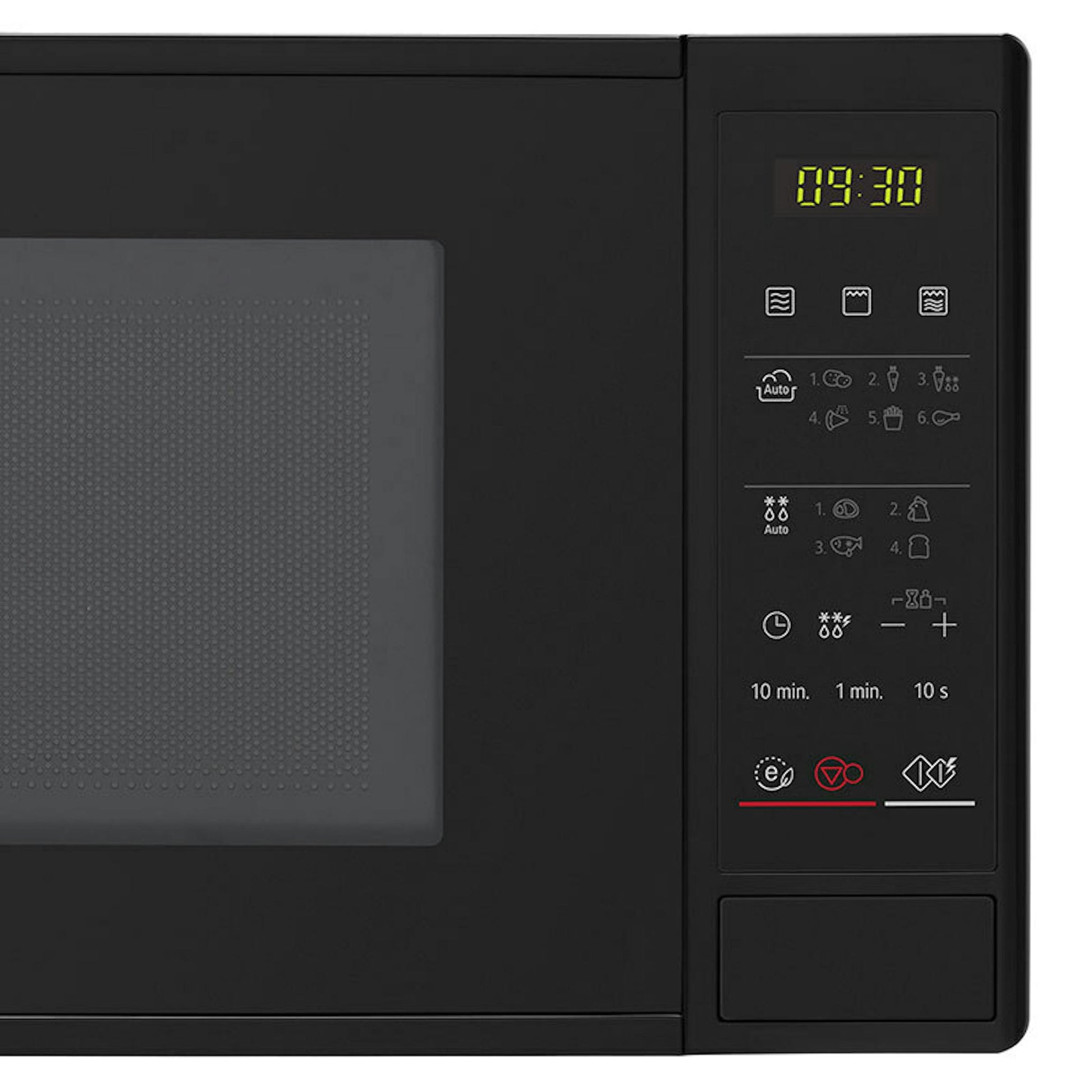 Microondas LG MH6042D negro, vista frontal parcial con panel de control
