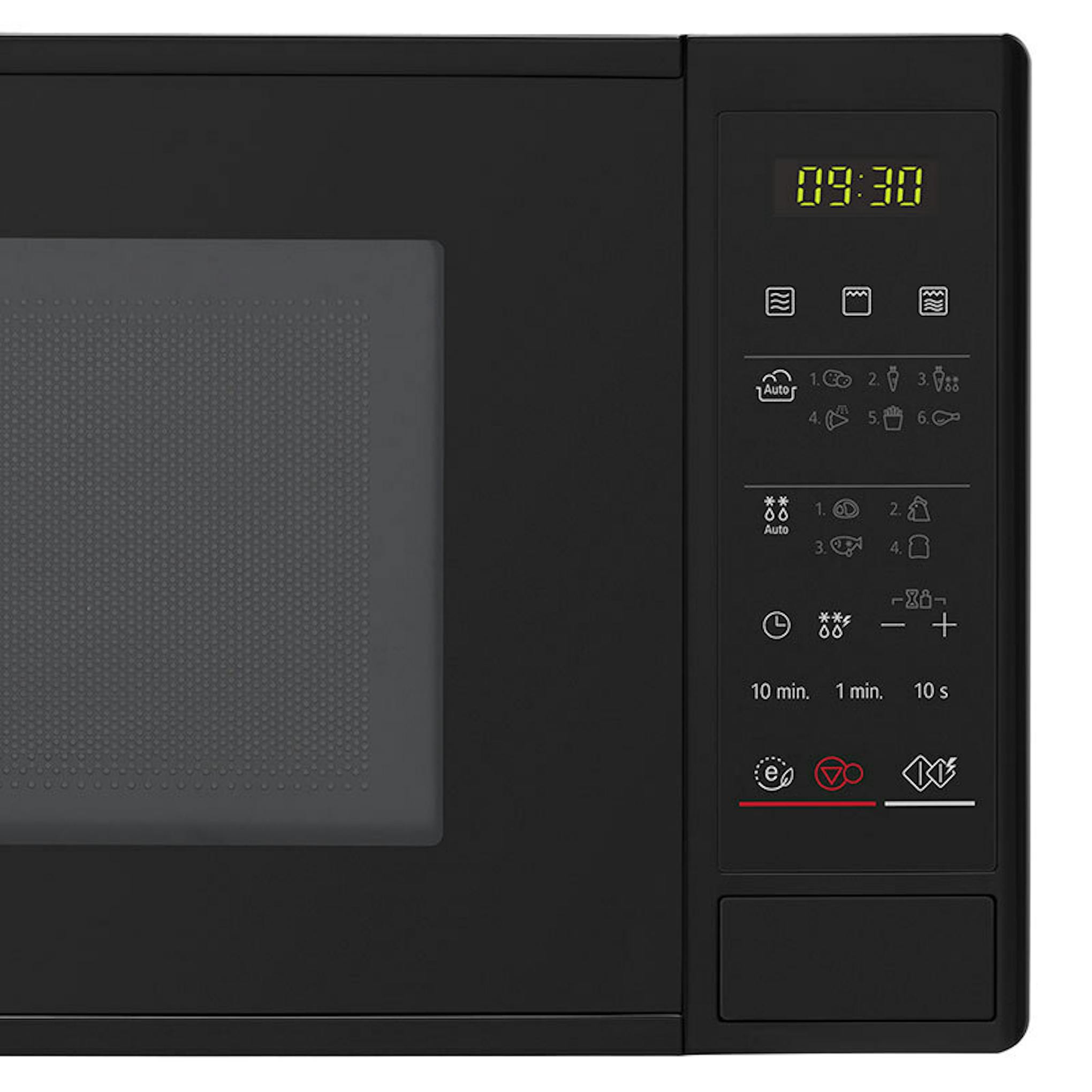 Microondas LG MH6042D negro, vista frontal parcial con panel de control