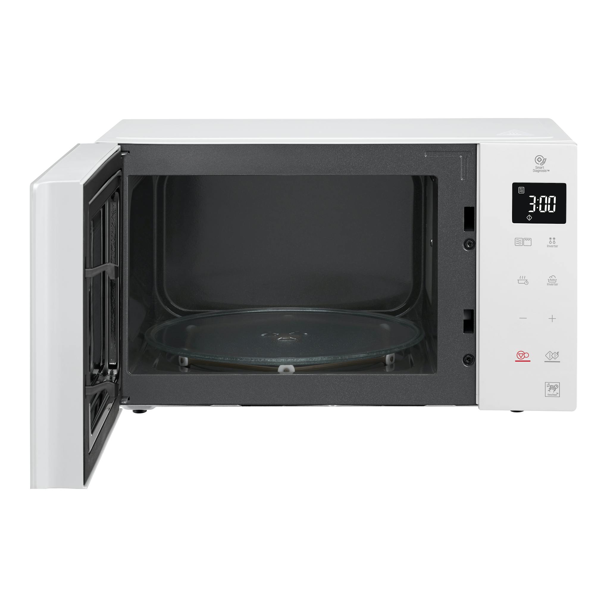 Microondas LG MH6336GIH blanco, vista frontal con la puerta abierta y pantalla digital.