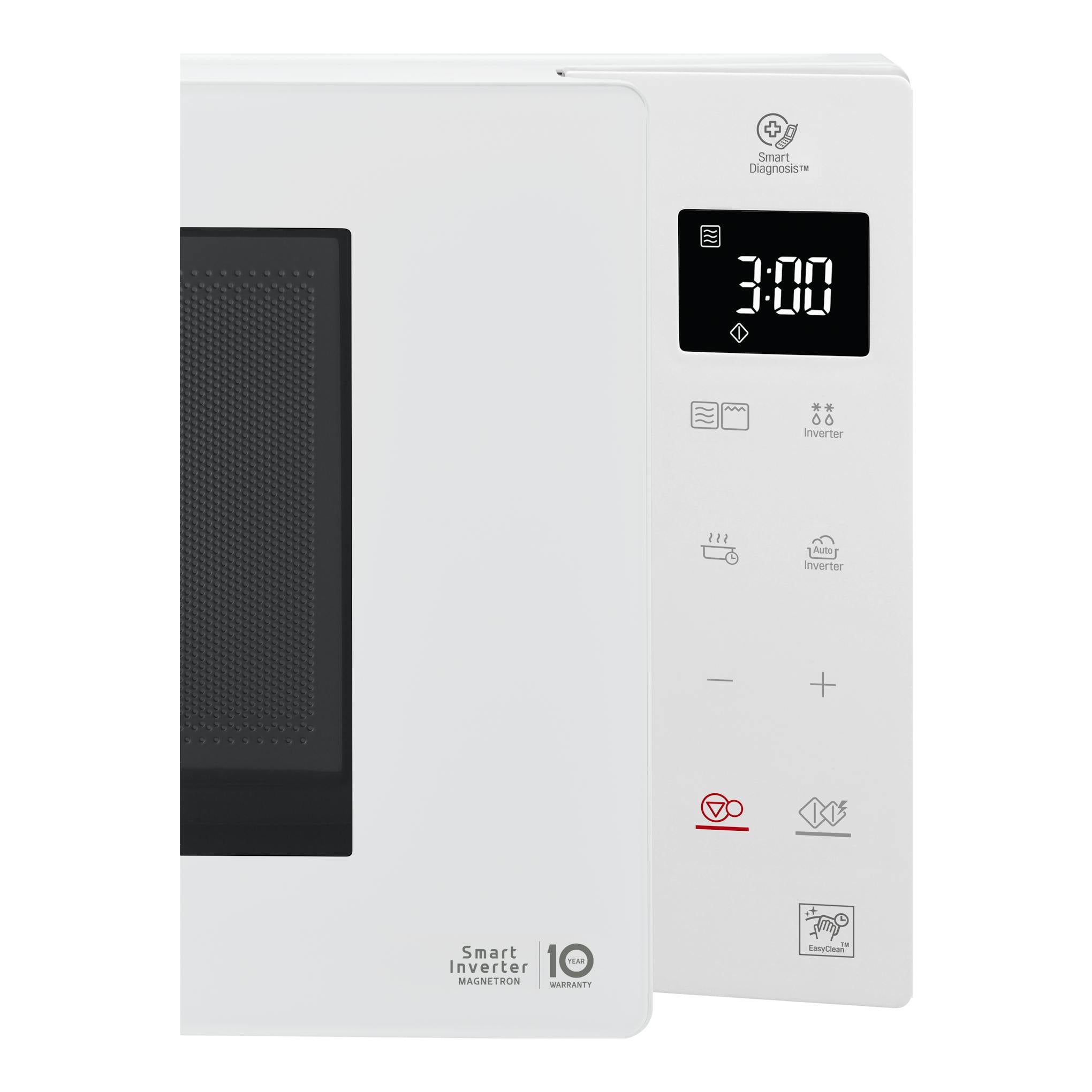 Microondas LG MH6336GIH blanco, vista frontal, puerta negra y panel digital negro con pantalla 3:00.