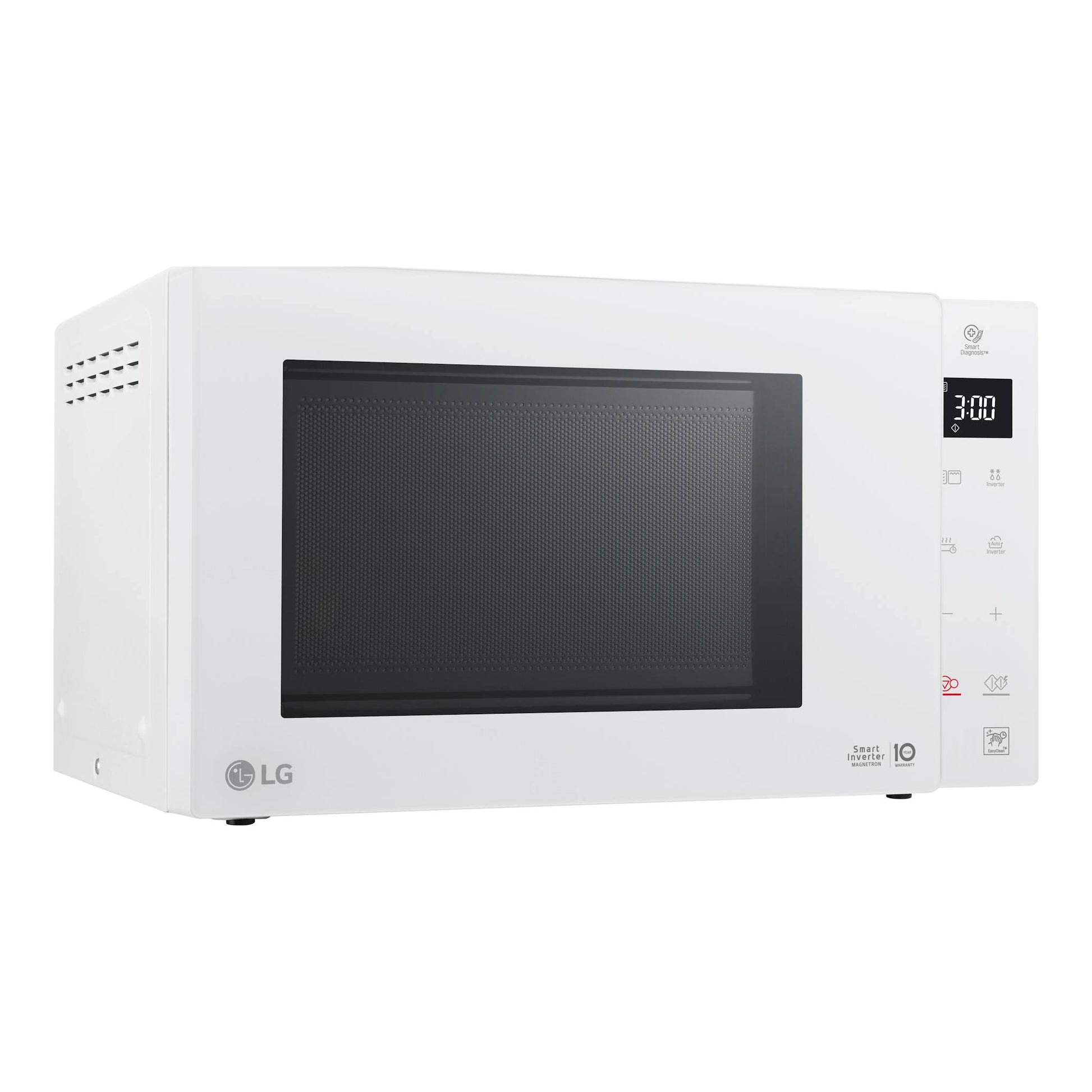 Microondas LG MH6336GIH blanco, vista frontal en ángulo, con puerta negra y panel digital lateral.