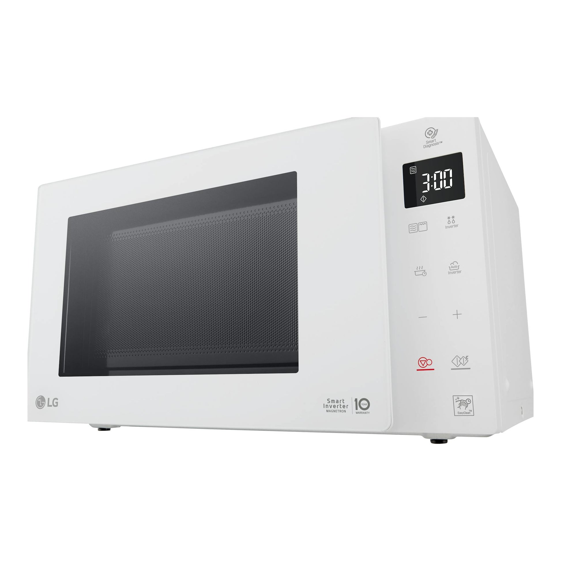 Microondas LG MH6336GIH blanco, vista frontal en ángulo, con puerta negra y panel digital lateral.