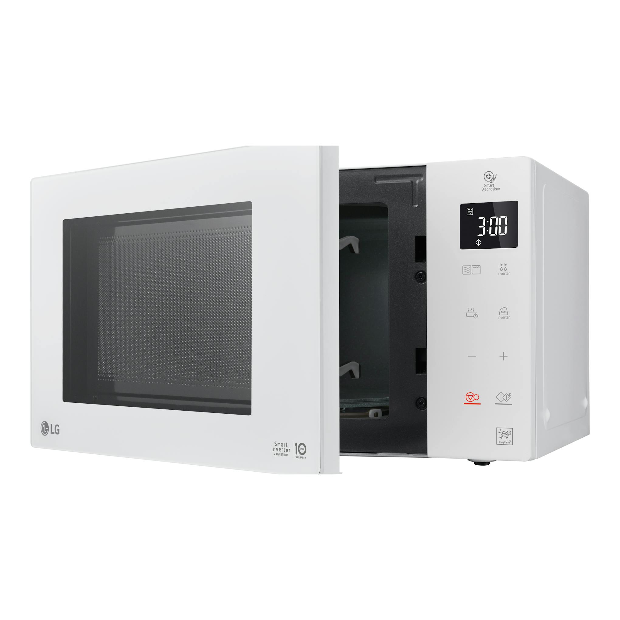 Microondas LG MH6336GIH blanco, vista frontal en ángulo, con la puerta abierta y panel digital.