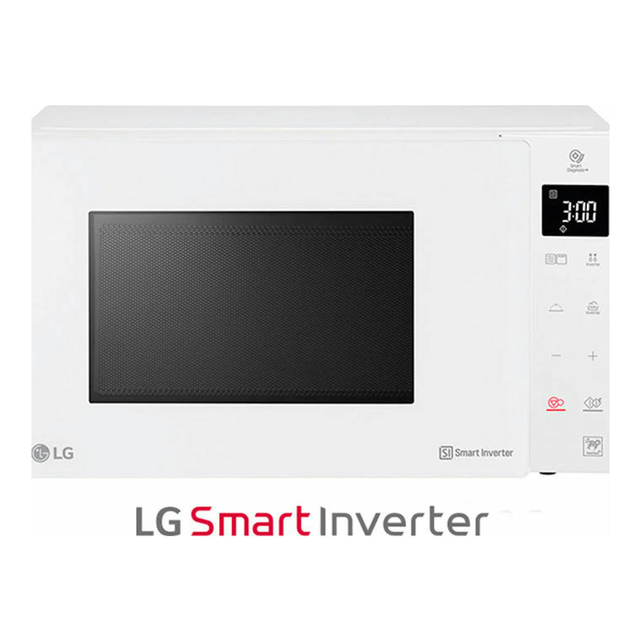 Microondas LG MH6535GDH blanco, vista frontal, con puerta negra y panel digital lateral derecho.