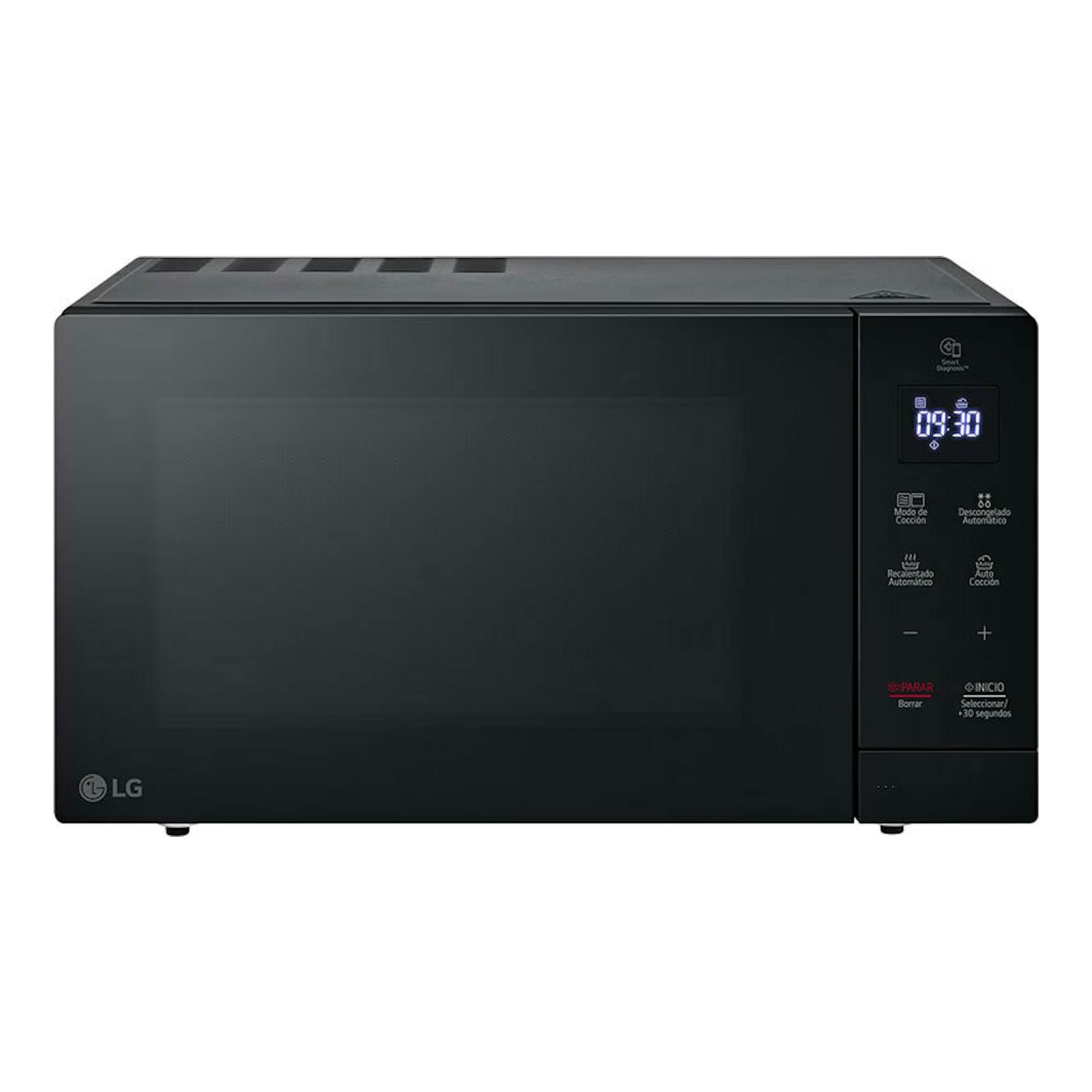 Microondas LG MH7032JAS negro, vista frontal, con panel digital a la derecha y puerta negra lisa.