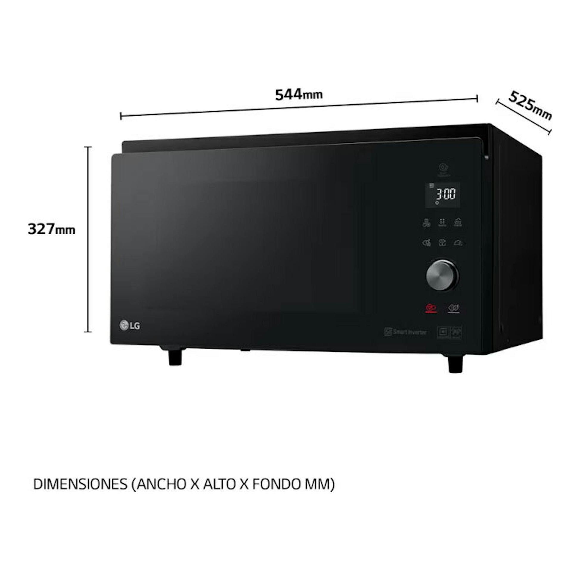 Microondas LG MJ3965BPS negro, vista frontal en ángulo, con panel digital y perilla, 544 x 327 x 525 mm