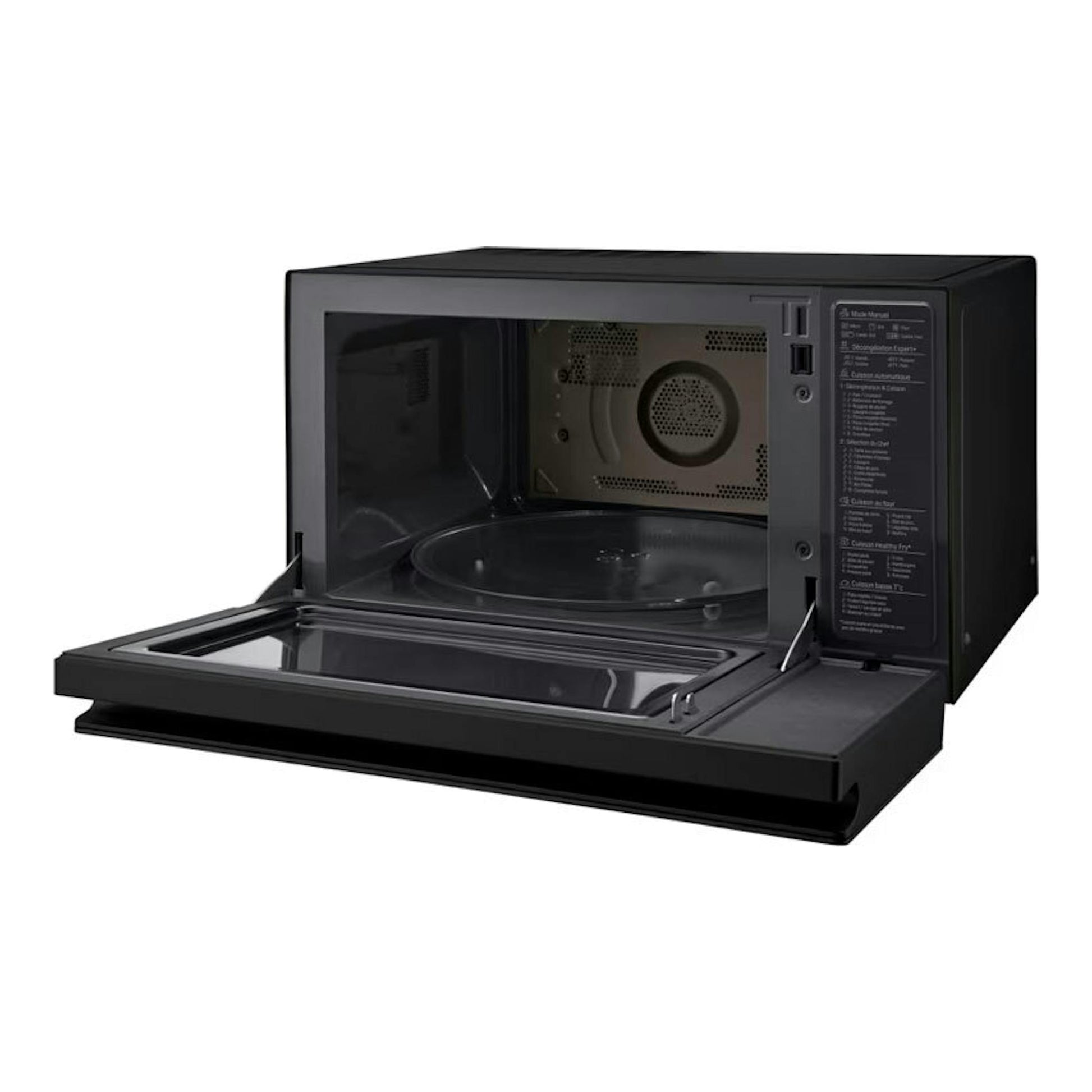 Microondas LG MJ3965BPS negro, vista frontal con la puerta abatible abierta.
