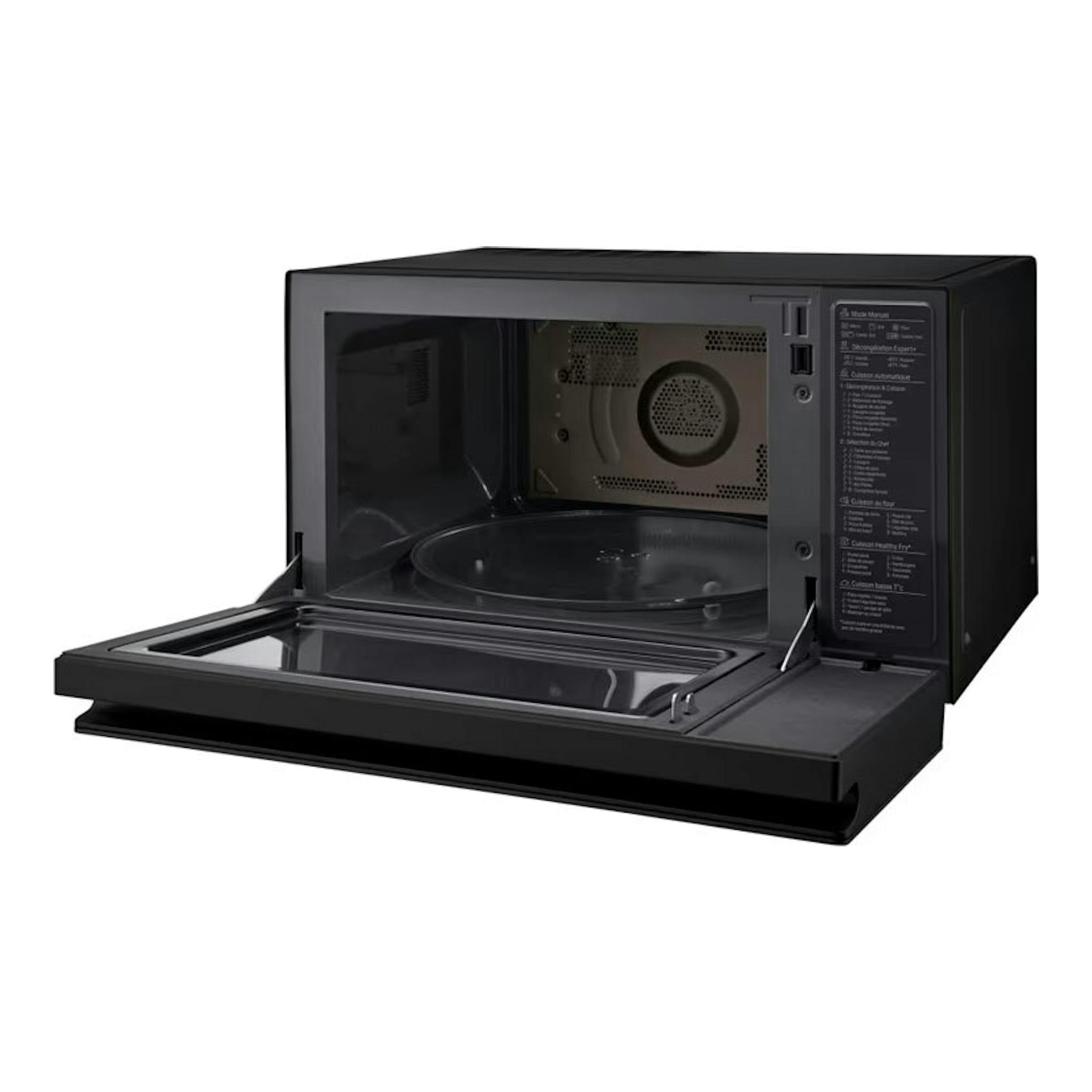 Microondas LG MJ3965BPS negro, vista frontal con la puerta abatible abierta.