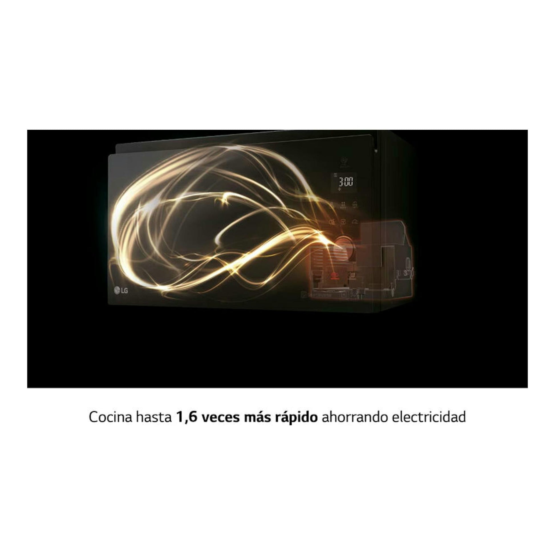Microondas LG MJ3965BPS negro, vista frontal en ángulo, con panel digital y líneas luminosas.