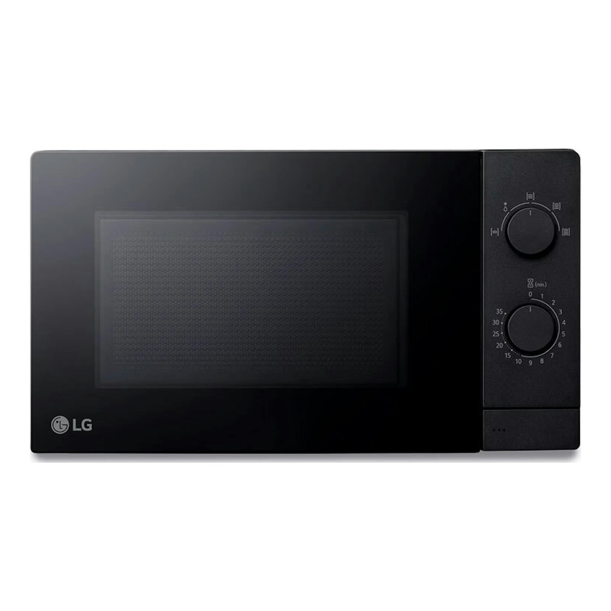 Microondas LG MS2082F negro, vista frontal, con dos mandos giratorios en el lado derecho.