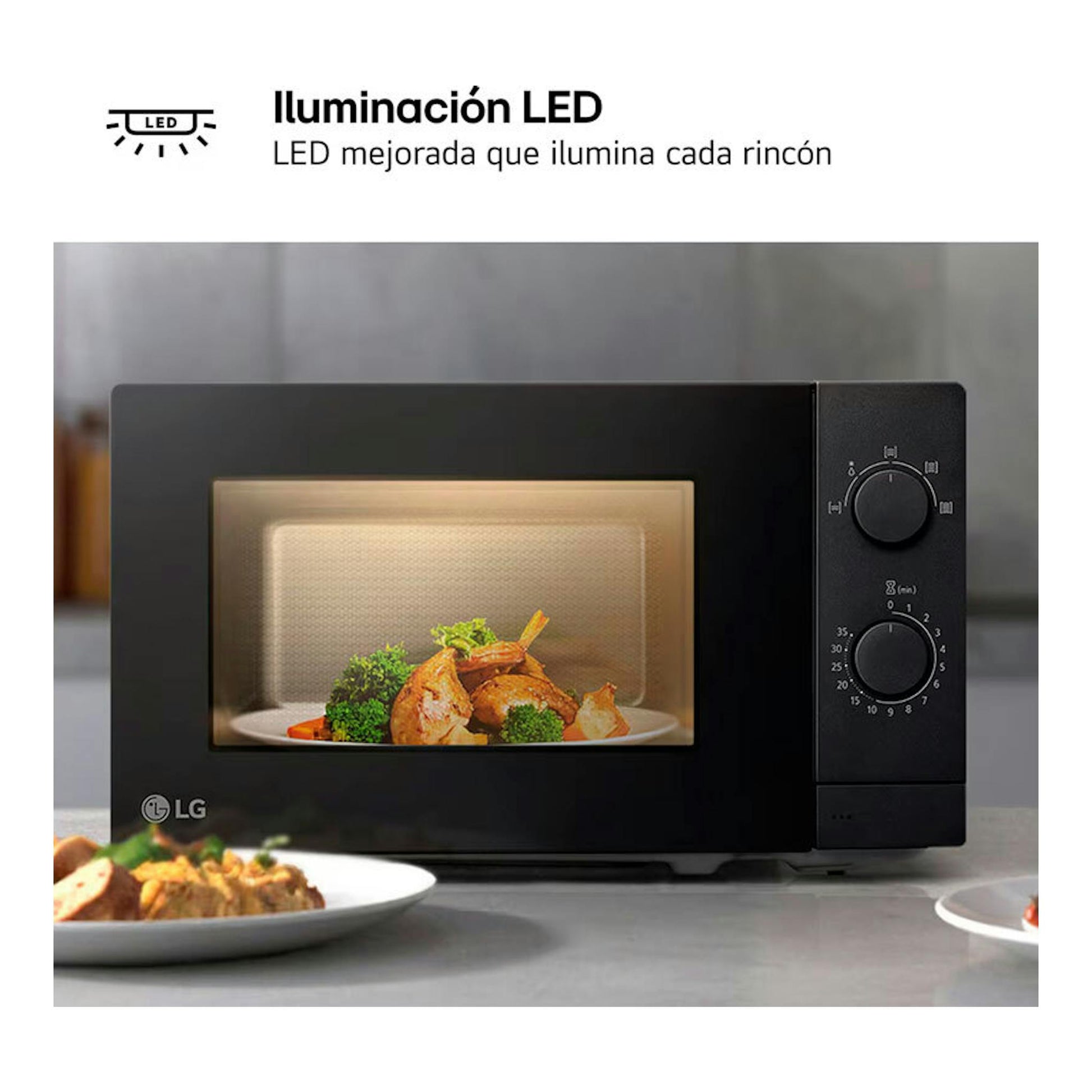 Microondas LG MS2082F negro, vista frontal, con puerta de vidrio y dos perillas de control.